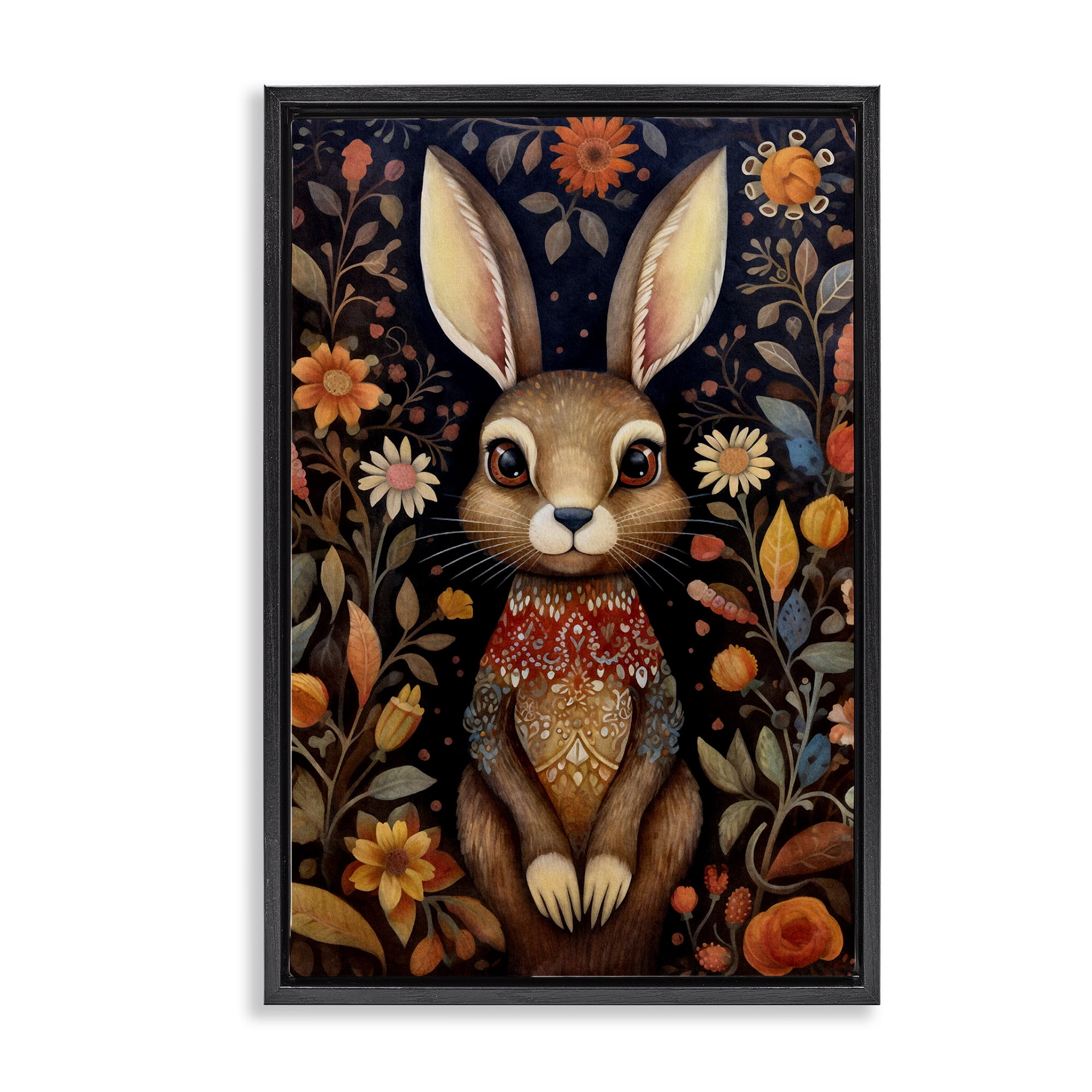 Stupell Industries Woodland Pattern Rabbit Animals & Insects Painting Black Floater Framed Art Print Wall Art, 17 x 25