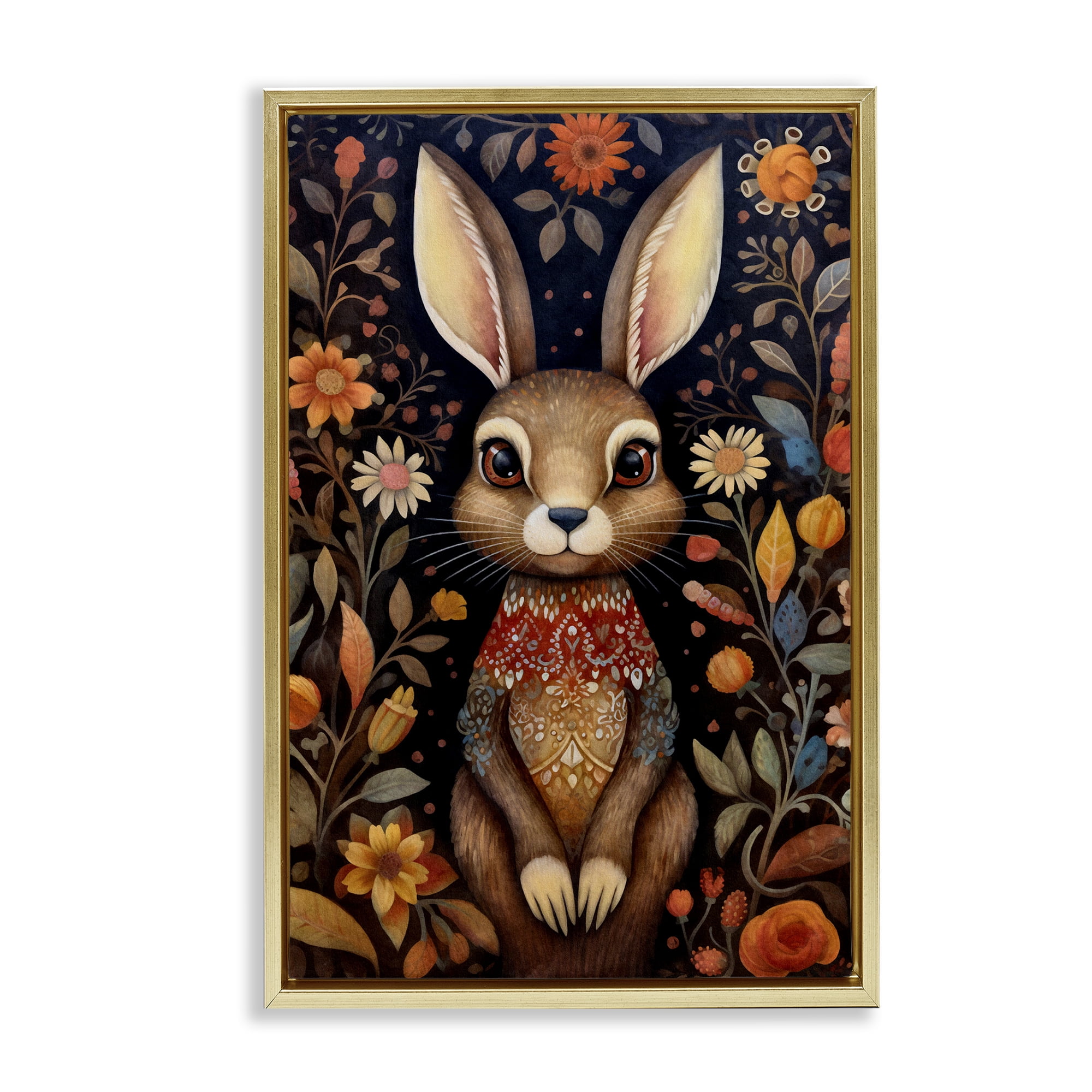 Stupell Industries Woodland Pattern Rabbit Animals & Insects Painting Gold Floater Framed Art Print Wall Art, 21 x 31