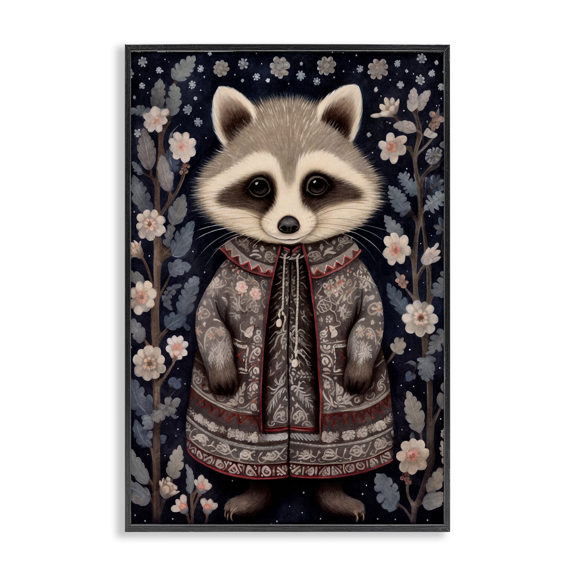 Stupell Industries Woodland Pattern Raccoon Animals & Insects Painting Black Framed Art Print Wall Art, 20 x 30