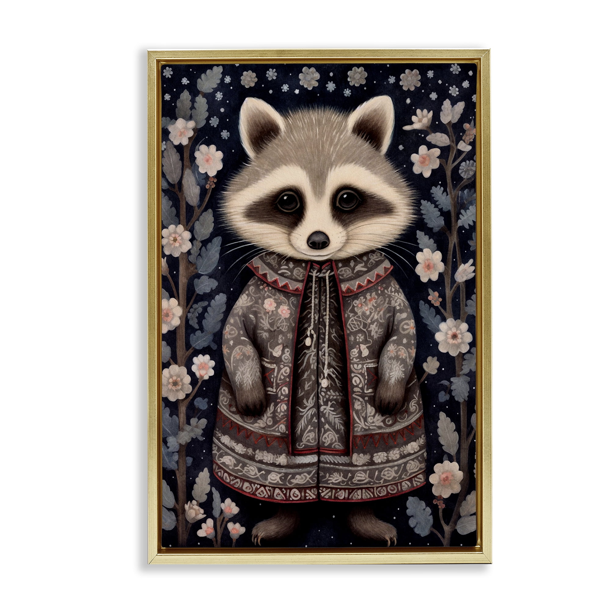 Stupell Industries Woodland Pattern Raccoon Animals & Insects Painting Gold Floater Framed Art Print Wall Art, 21 x 31