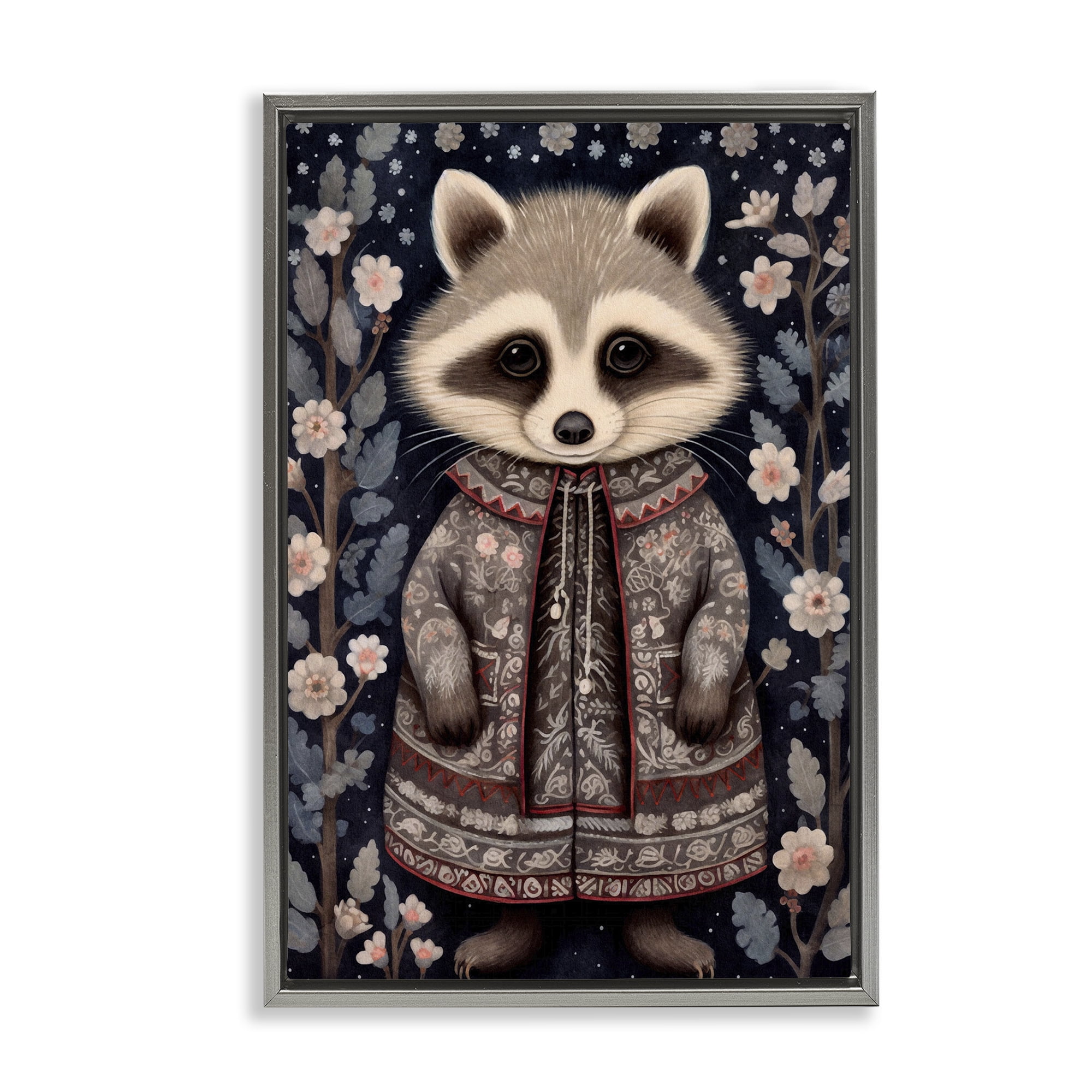 Stupell Industries Woodland Pattern Raccoon Animals & Insects Painting Gray Floater Framed Art Print Wall Art, 21 x 31