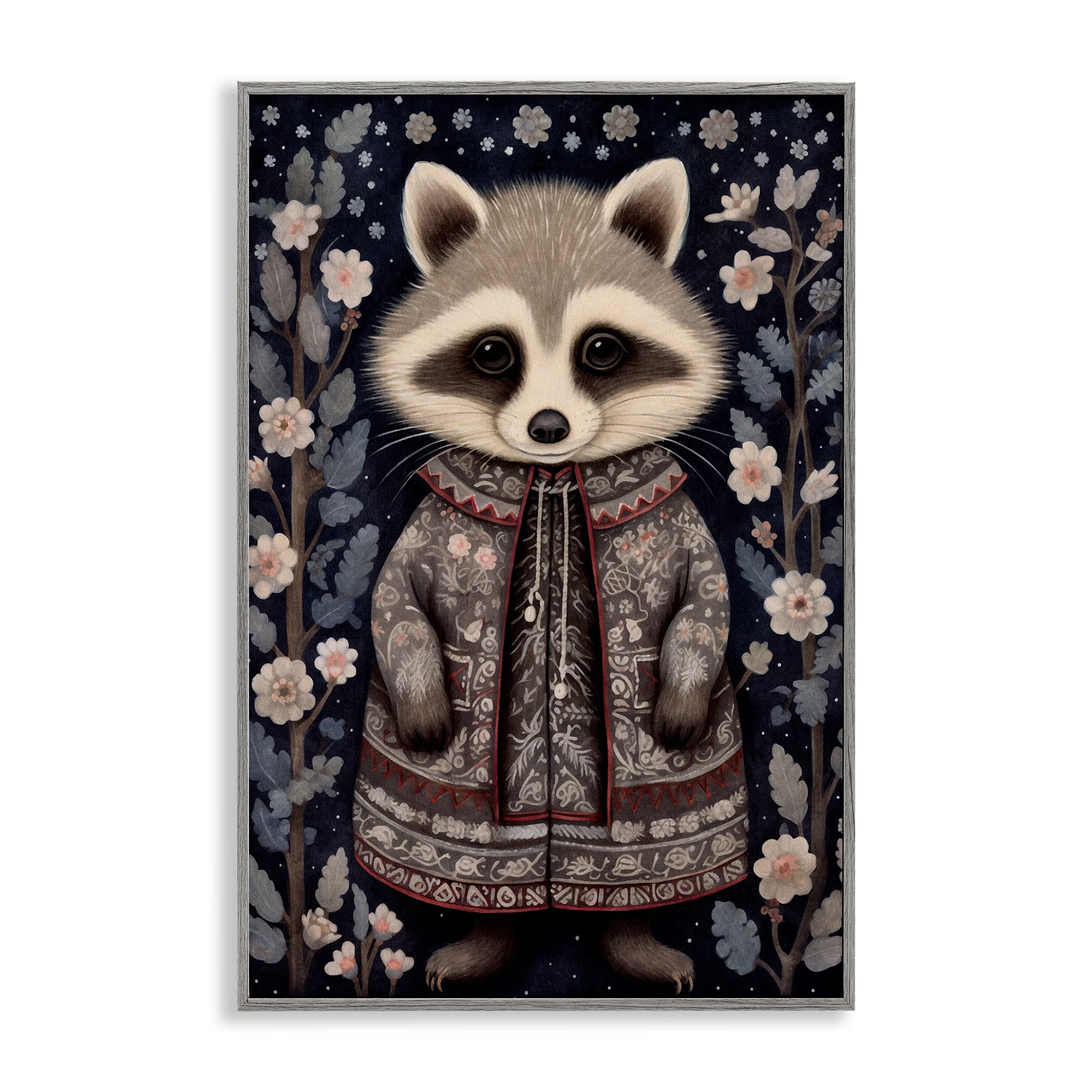 Stupell Industries Woodland Pattern Raccoon Animals & Insects Painting Gray Framed Art Print Wall Art, 20 x 30