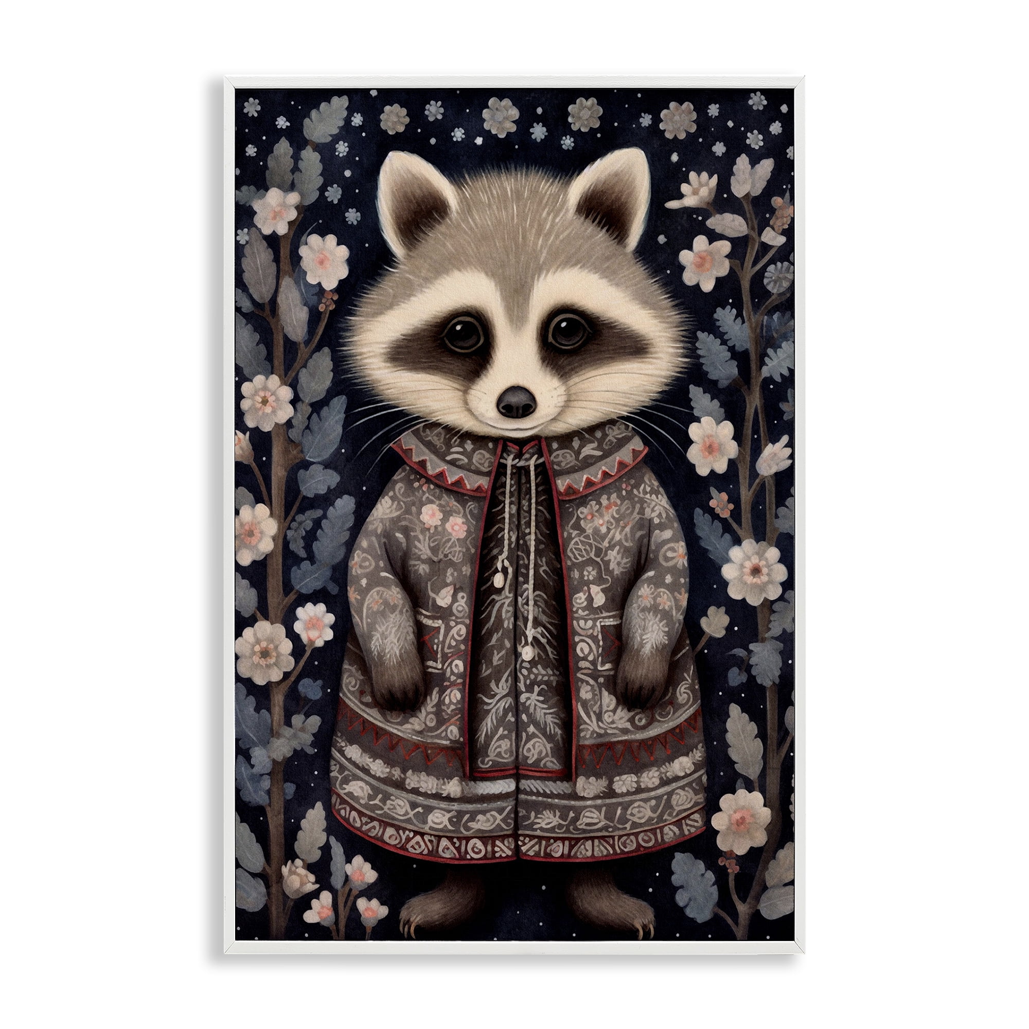 Stupell Industries Woodland Pattern Raccoon Animals & Insects Painting White Framed Art Print Wall Art, 12 x 18