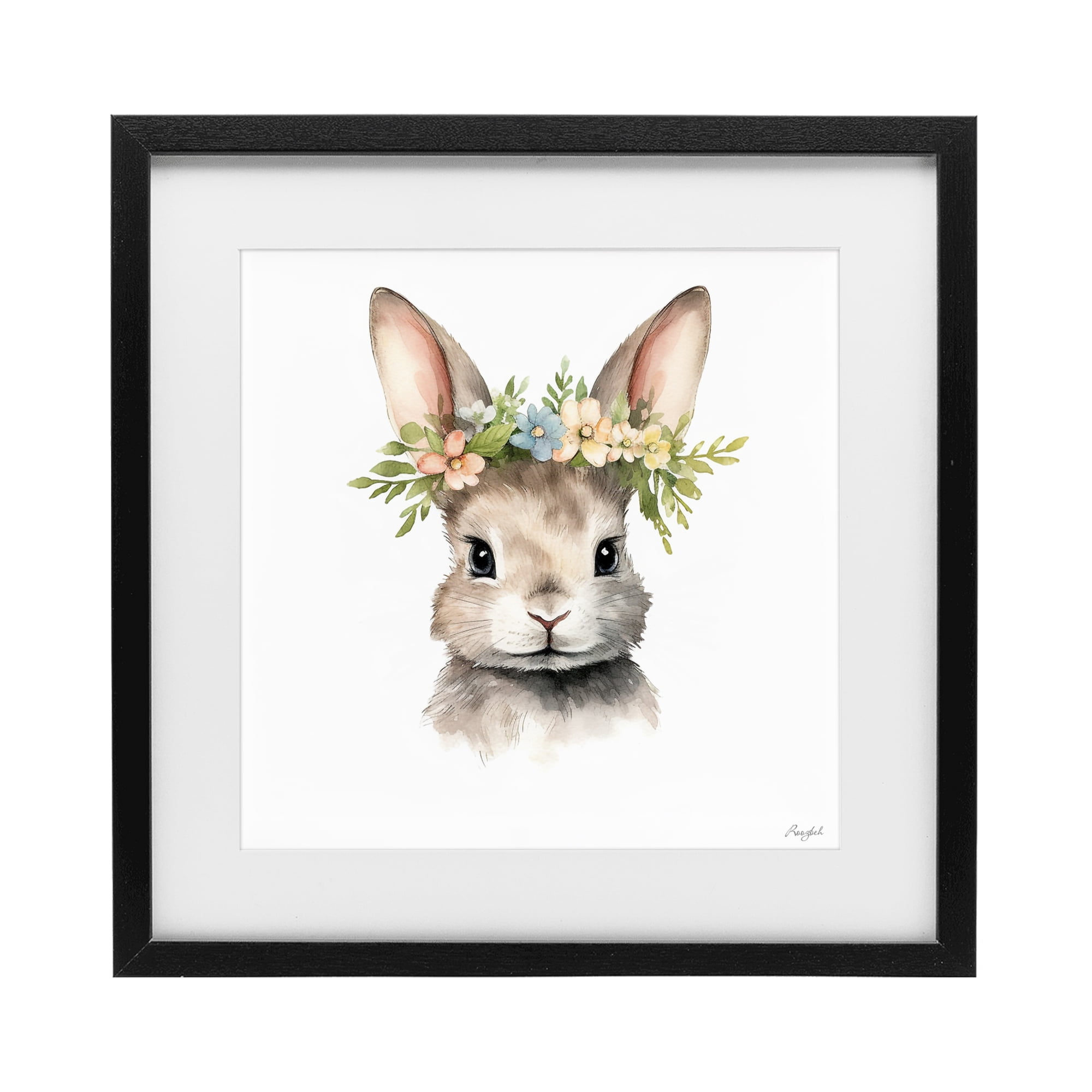 Stupell Industries Woodland Rabbit Flower Crown Black Framed Print Under Glass, design by Roozbeh