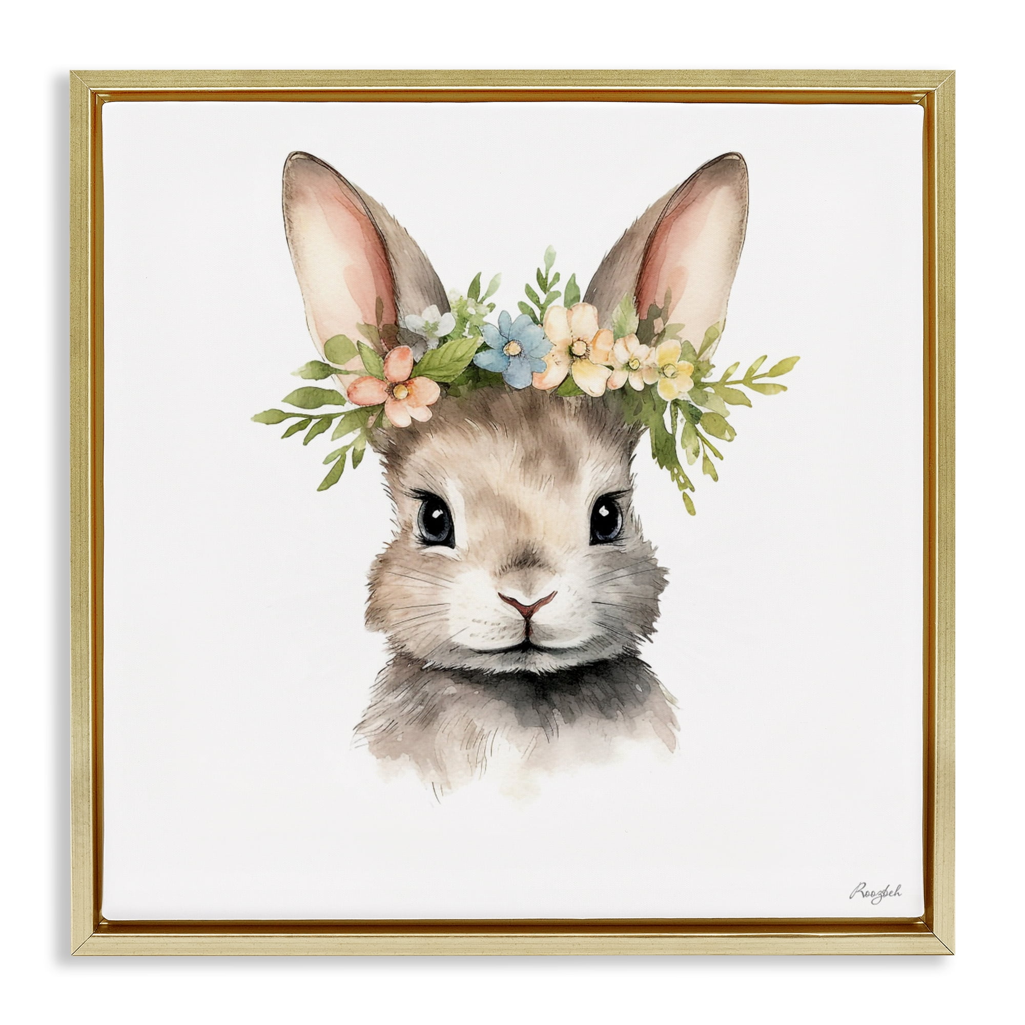 Stupell Industries Woodland Rabbit Flower Crown Gold Framed Floater Canvas Wall Art, design by Roozbeh