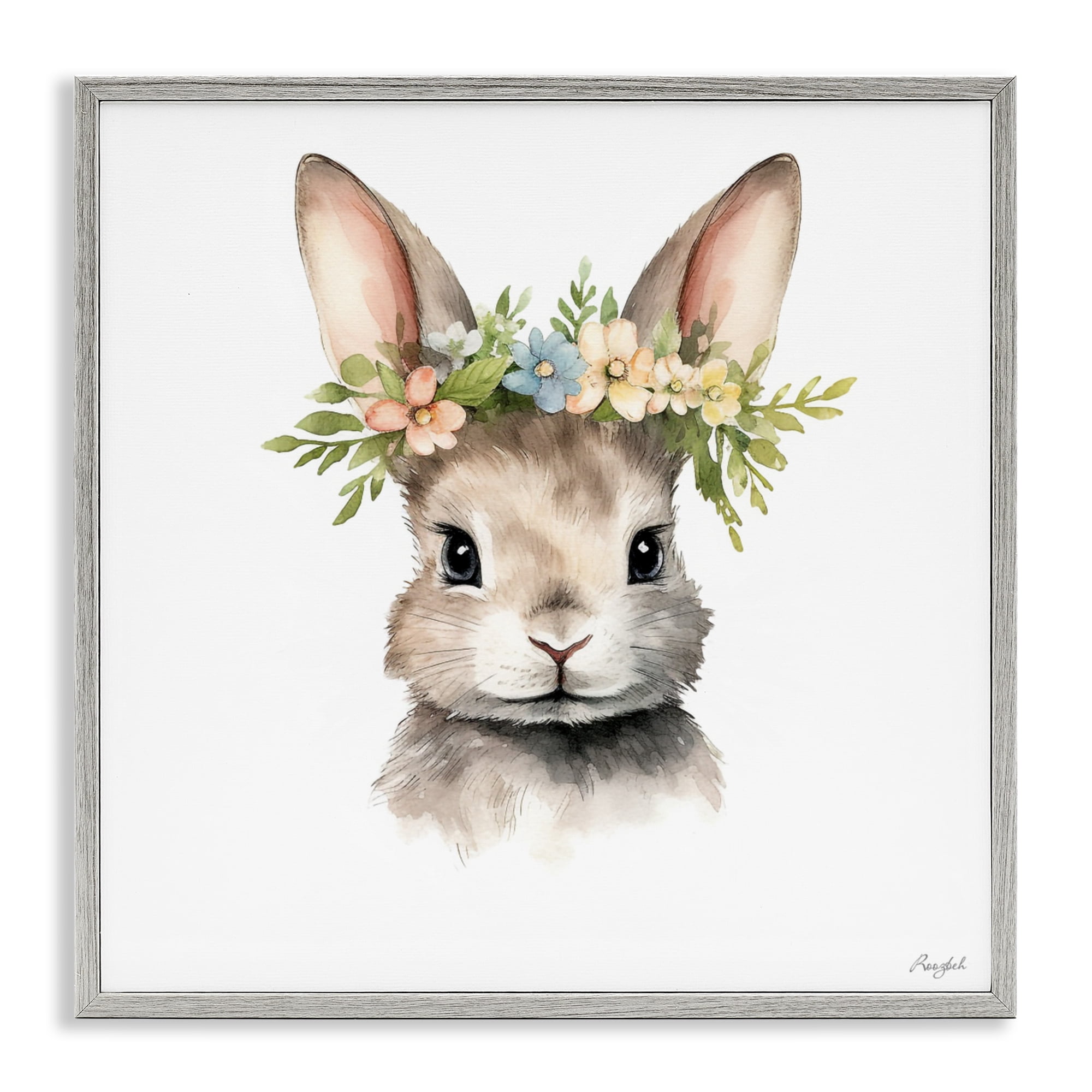 Stupell Industries Woodland Rabbit Flower Crown Gray Framed Giclee Art, design by Roozbeh