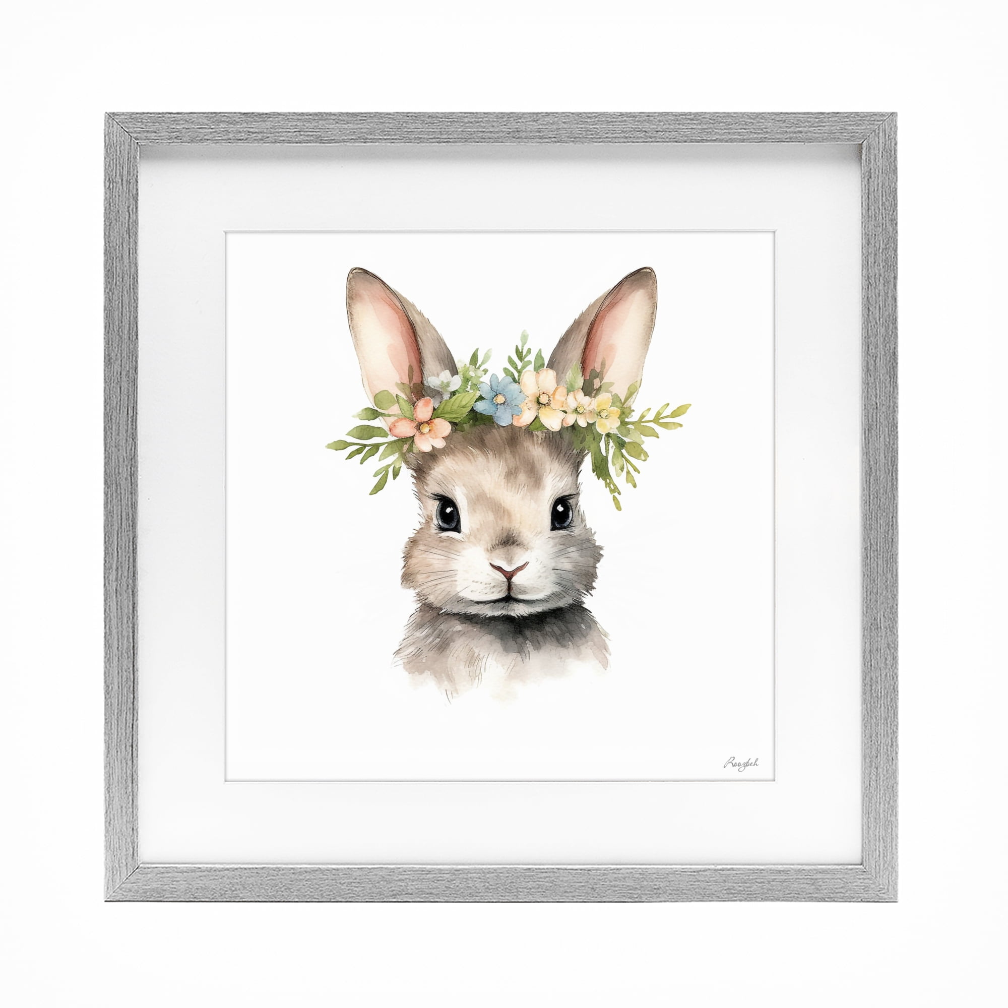 Stupell Industries Woodland Rabbit Flower Crown Gray Framed Print Under Glass, design by Roozbeh