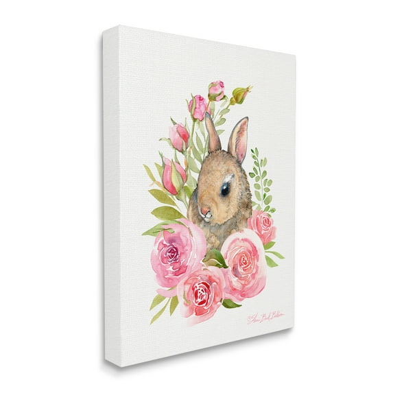 Stupell Industries Woodland Rabbit Pink Rose Nest Spring Florals Animals & Insects Painting Gallery Wrapped Canvas Print Wall Art, 24 x 30