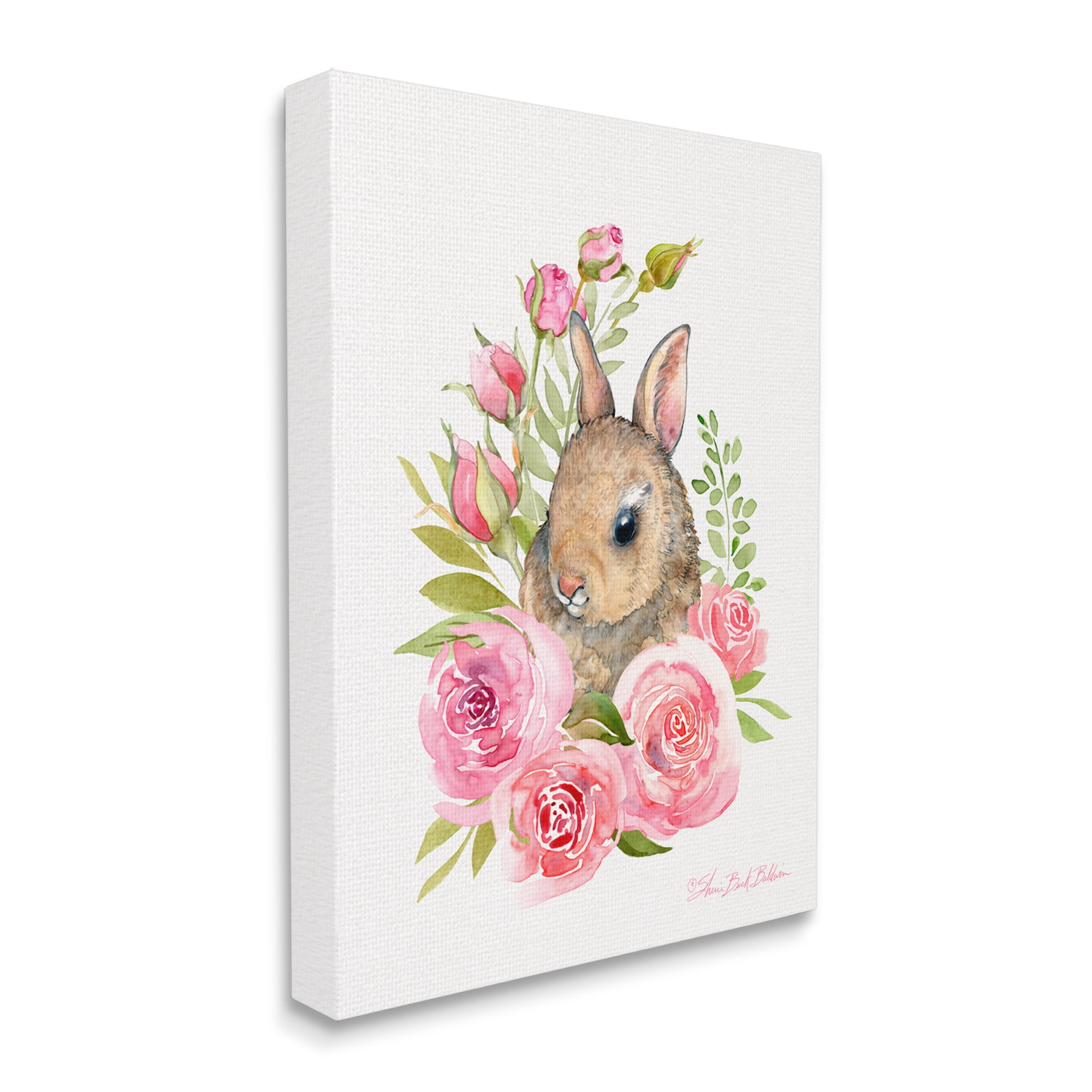 Stupell Industries Woodland Rabbit Pink Rose Nest Spring Florals Animals & Insects Painting Gallery Wrapped Canvas Print Wall Art, 36 x 48