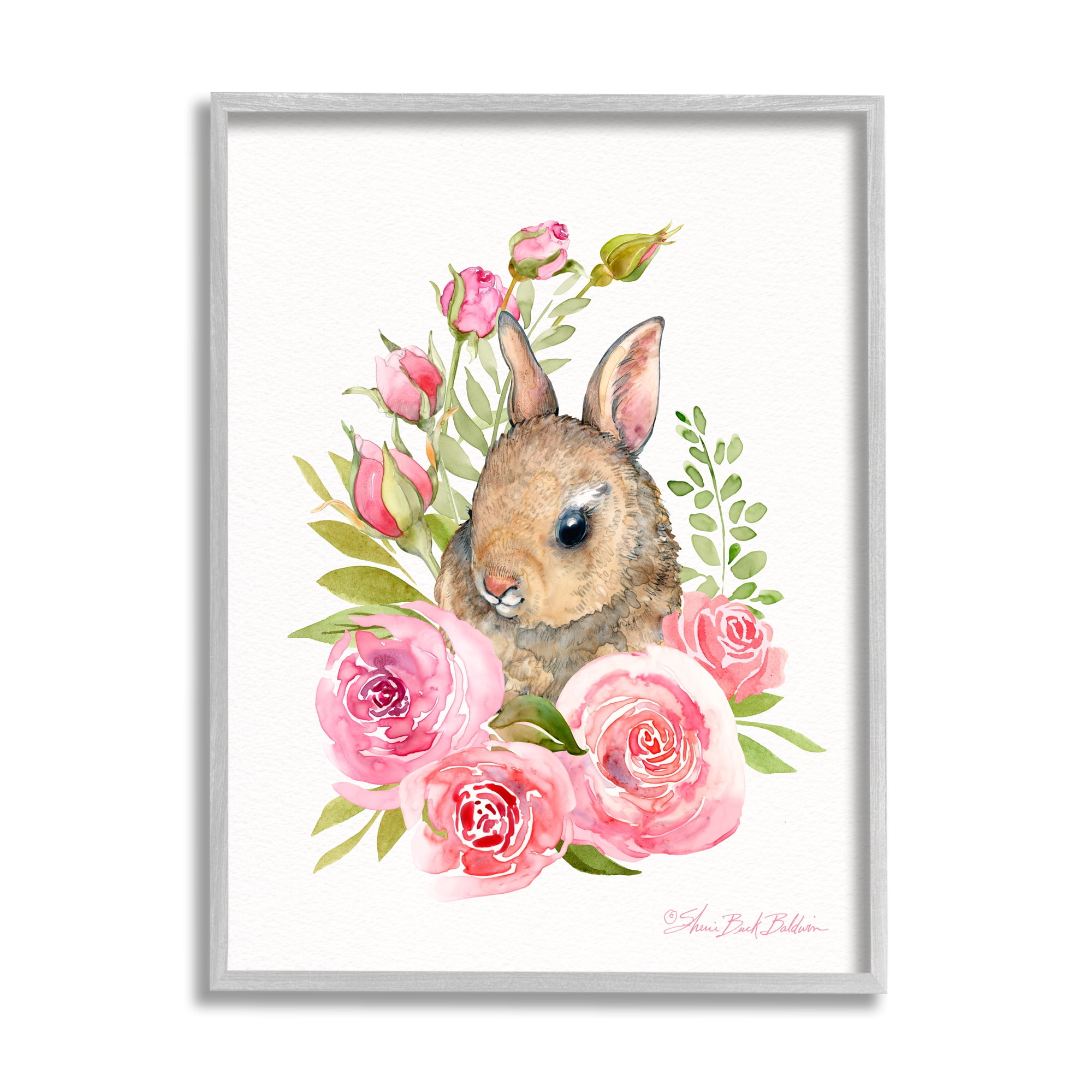 Stupell Industries Woodland Rabbit Pink Rose Nest Spring Florals Animals & Insects Painting Gray Framed Art Print Wall Art, 16 x 20