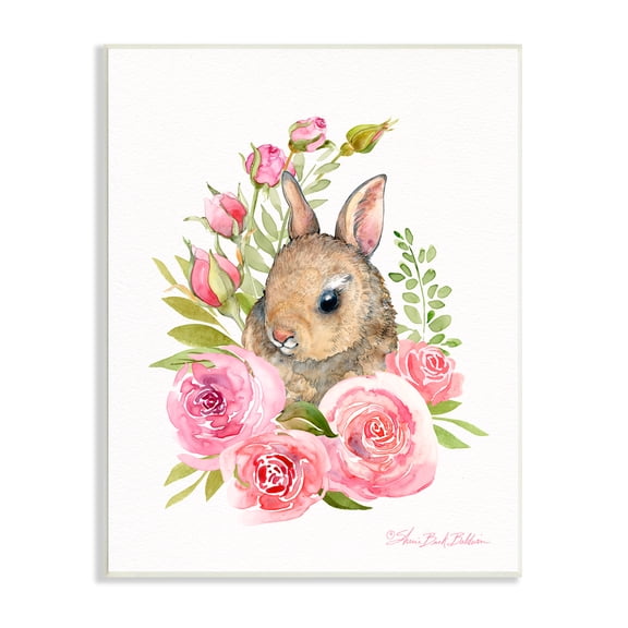 Stupell Industries Woodland Rabbit Pink Rose Nest Spring Florals Animals & Insects Painting Unframed Art Print Wall Art, 13 x 19