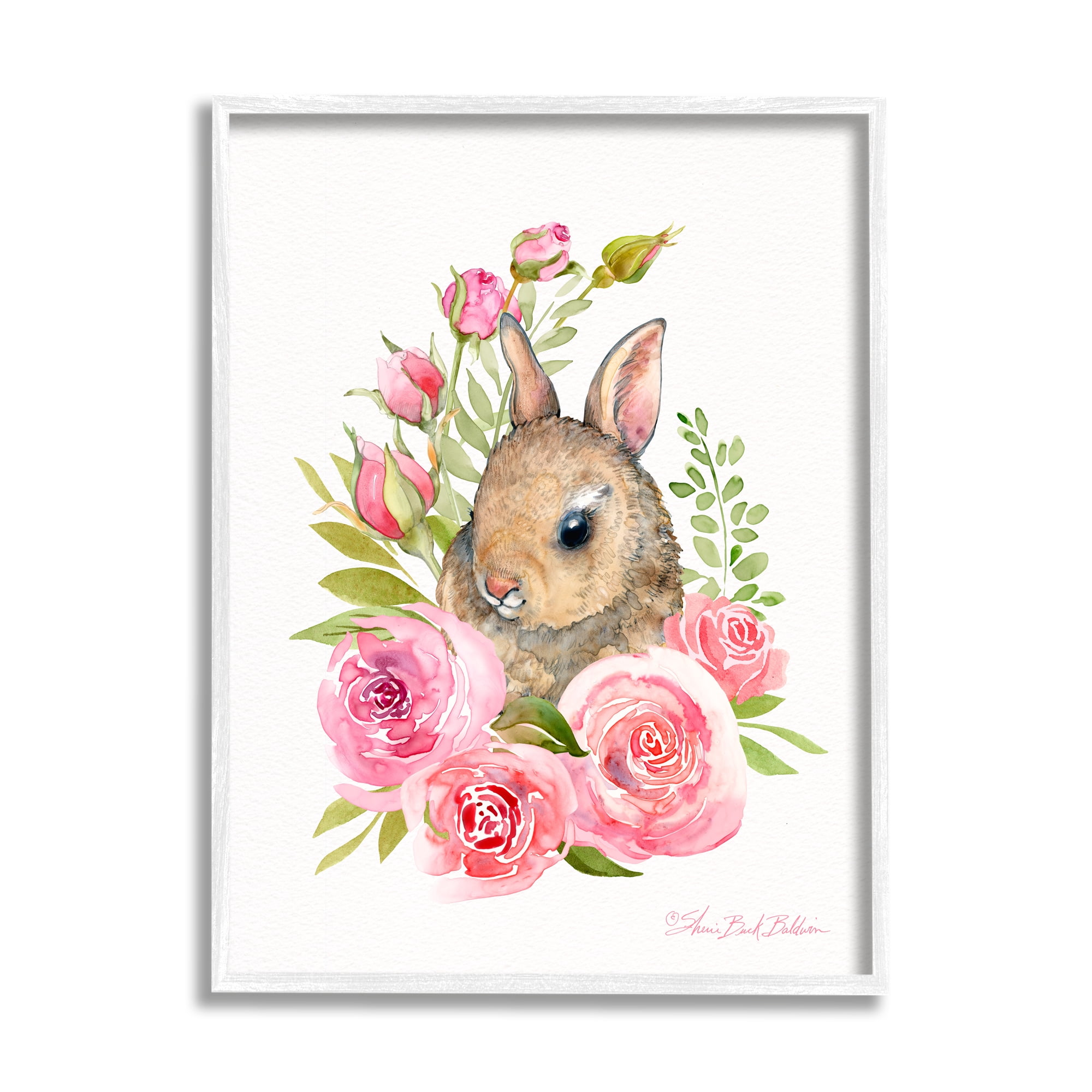 Stupell Industries Woodland Rabbit Pink Rose Nest Spring Florals Animals & Insects Painting White Framed Art Print Wall Art, 16 x 20