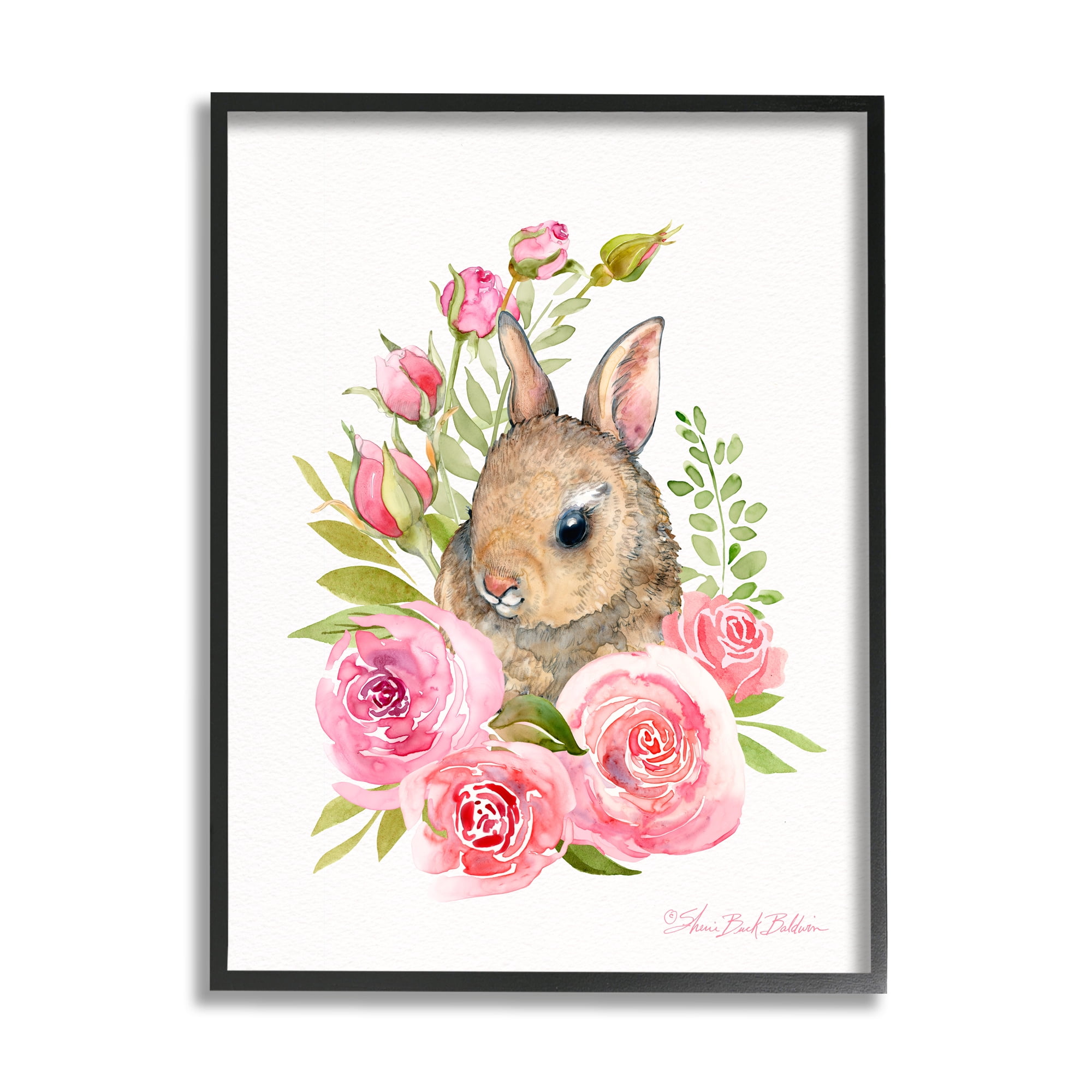 Stupell Industries Woodland Rabbit Pink Rose Nest Spring Florals Modern Painting Black Framed Art Print Wall Art, 24 x 30, Design by Sherri Buck Baldwin
