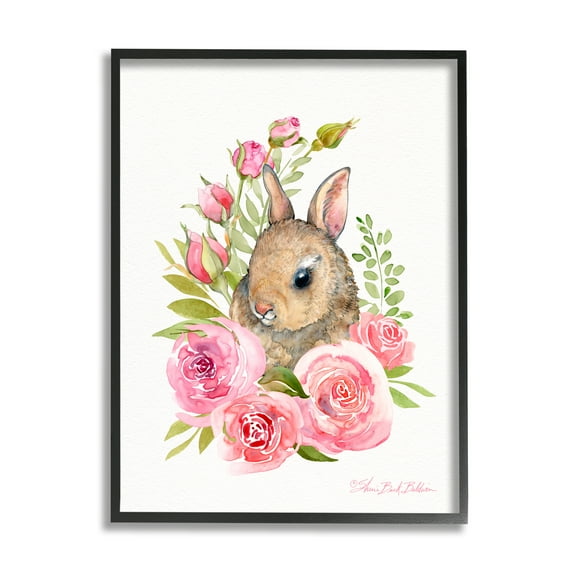 Stupell Industries Woodland Rabbit Pink Rose Nest Spring Florals Modern Painting Black Framed Art Print Wall Art, 24 x 30, Design by Sherri Buck Baldwin