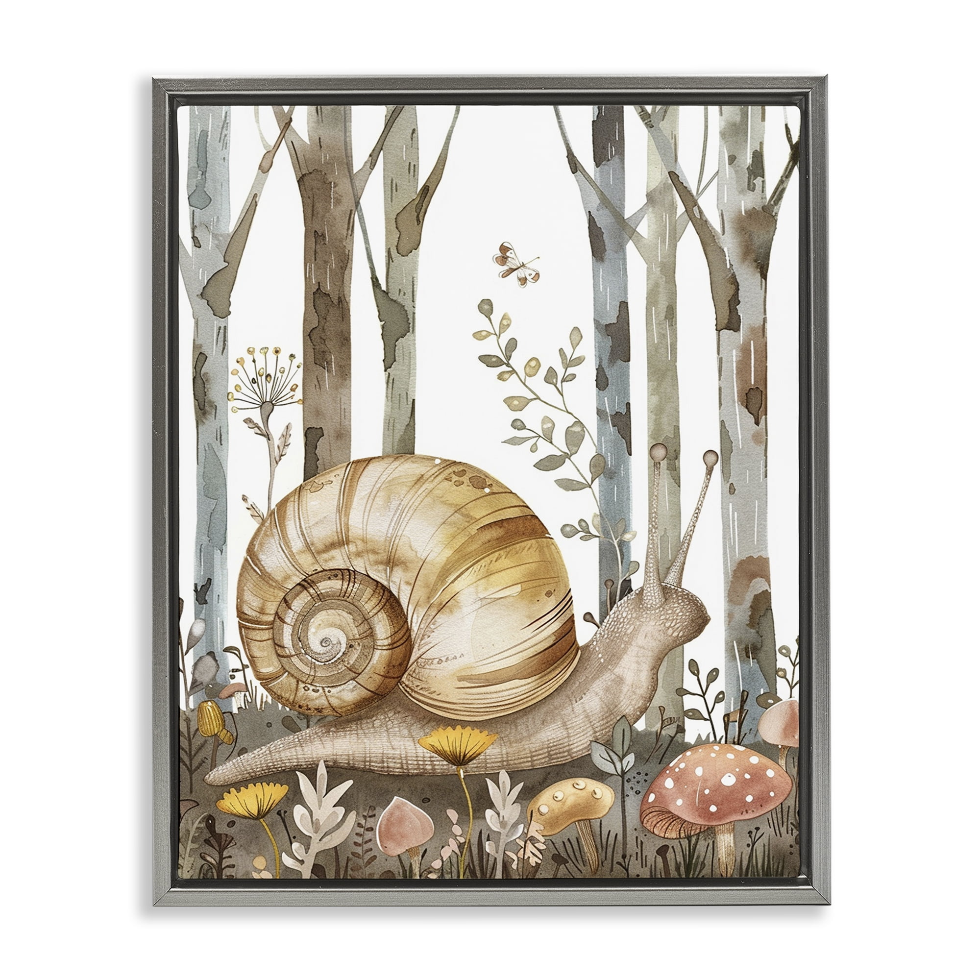 Stupell Industries Woodland Snail Nature Landscape & Nature Painting Gray Floater Framed Canvas Art Print Wall Art, 17 x 21