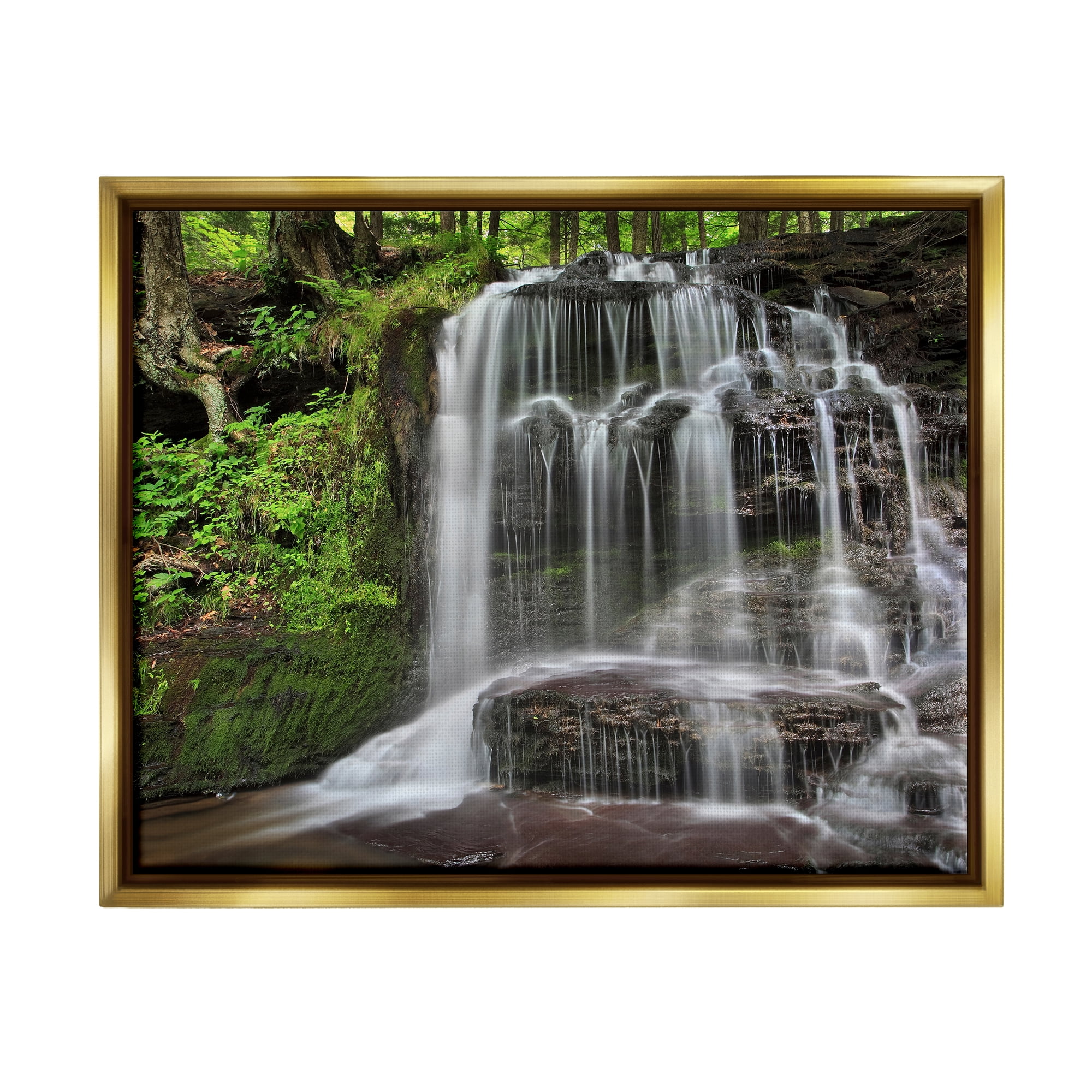 Stupell Industries Woodland Waterfall Nature Creek Landscape Photography Gold Floater Framed Art Print Wall Art
