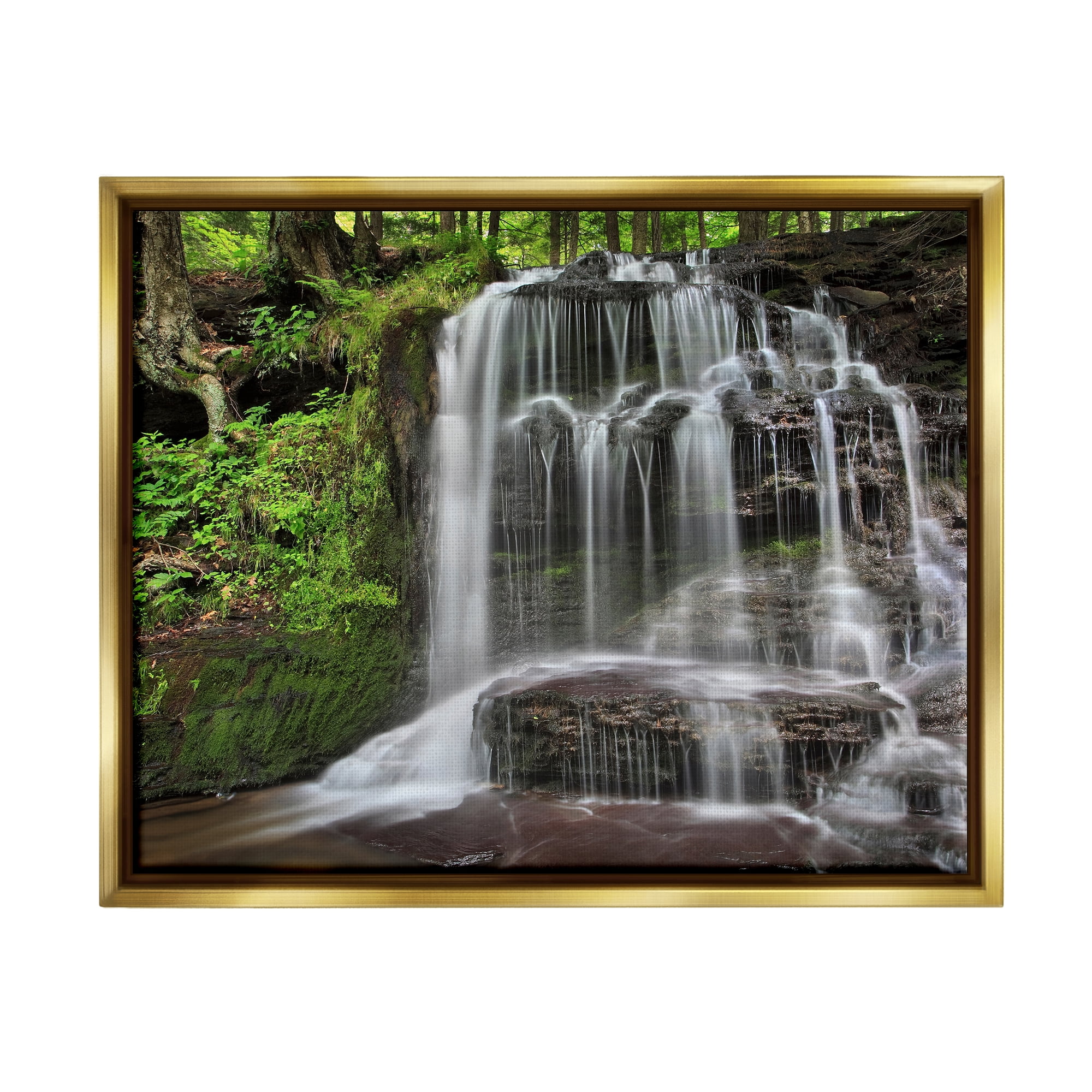 Stupell Industries Woodland Waterfall Nature Creek Landscape Photography Gold Floater Framed Art Print Wall Art