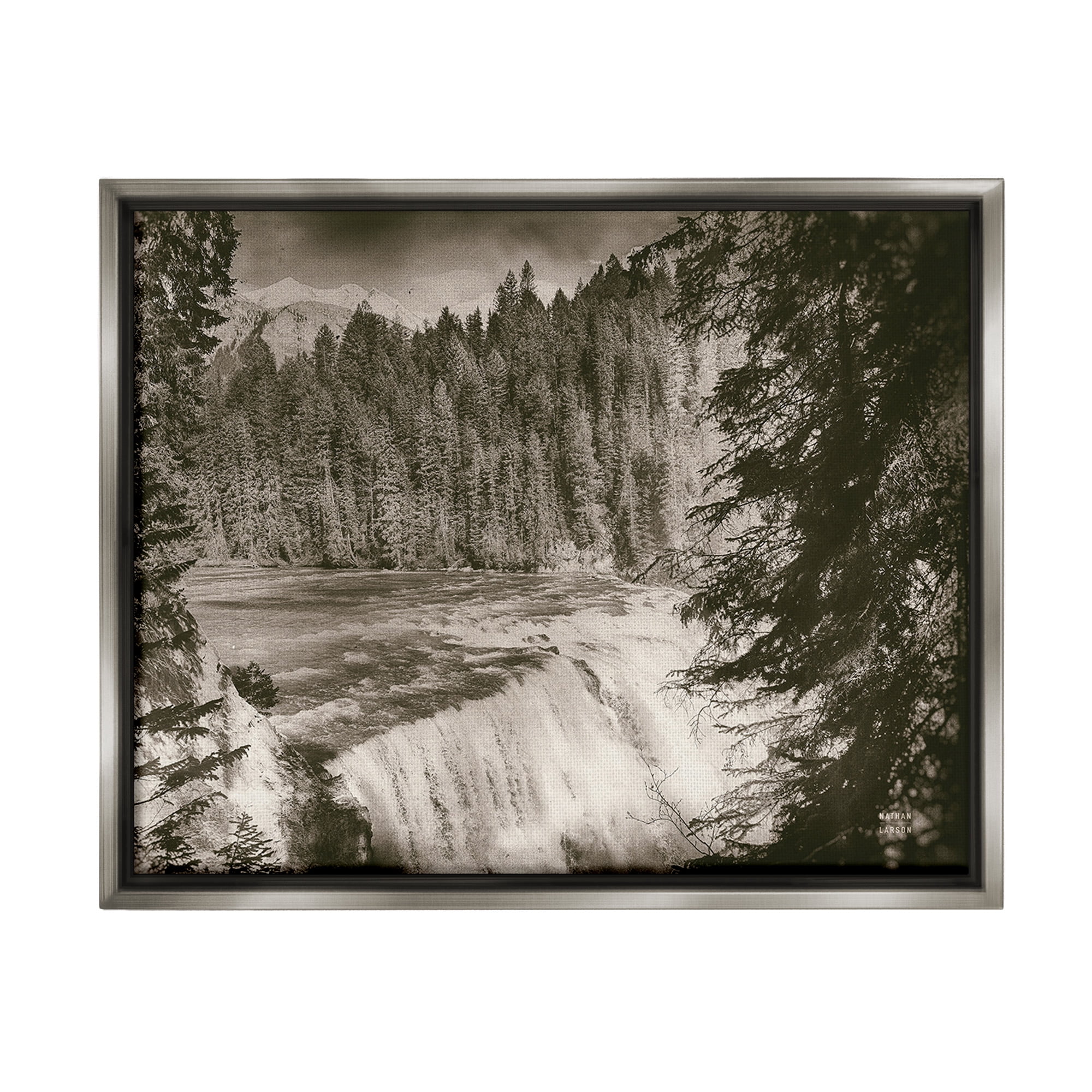 Stupell Industries Woodland Waterfall Photography Landscape Photography Gray Floater Framed Canvas Art Print Wall Art, 31 x 25