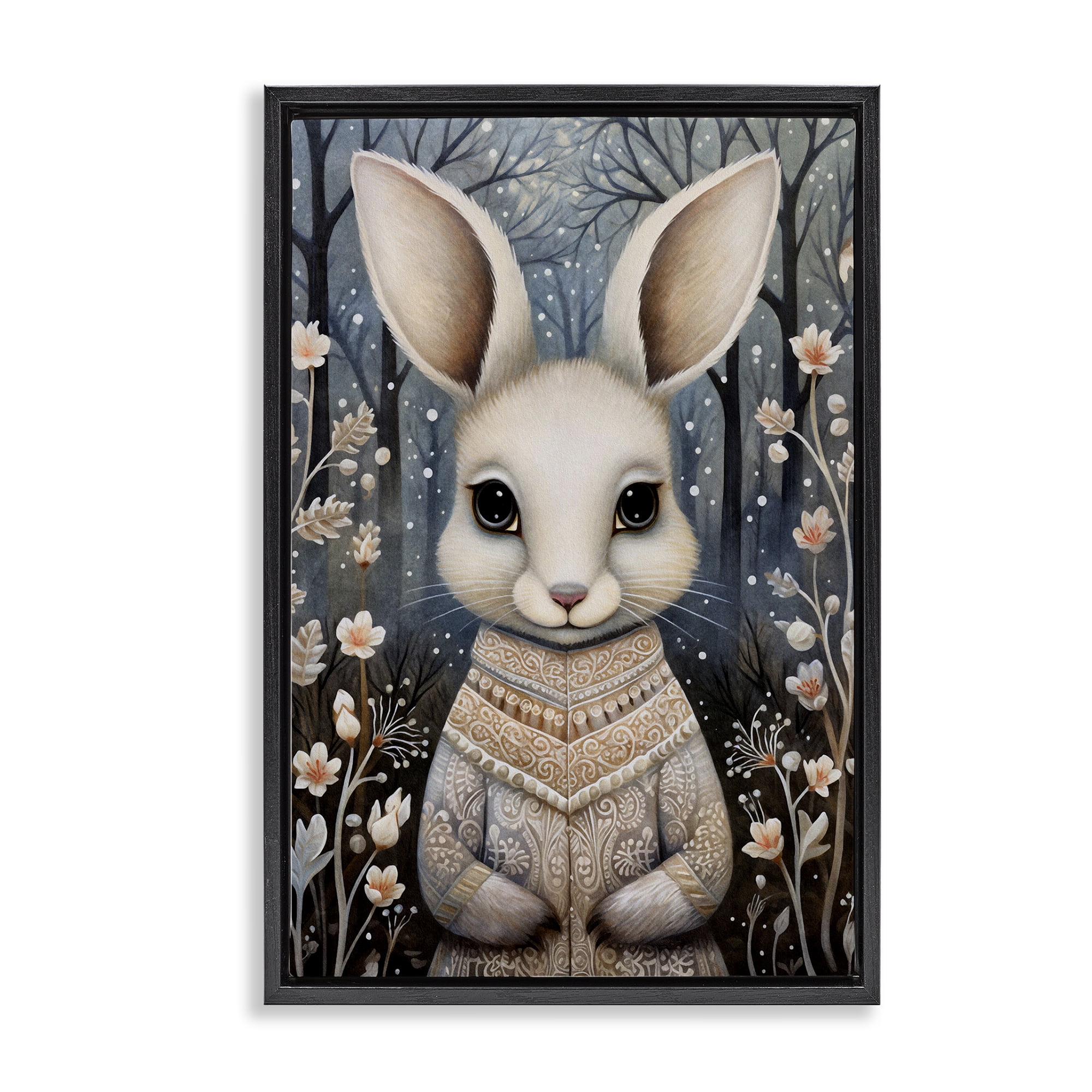 Stupell Industries Woodland White Rabbit Animals & Insects Painting Black Floater Framed Art Print Wall Art, 21 x 31