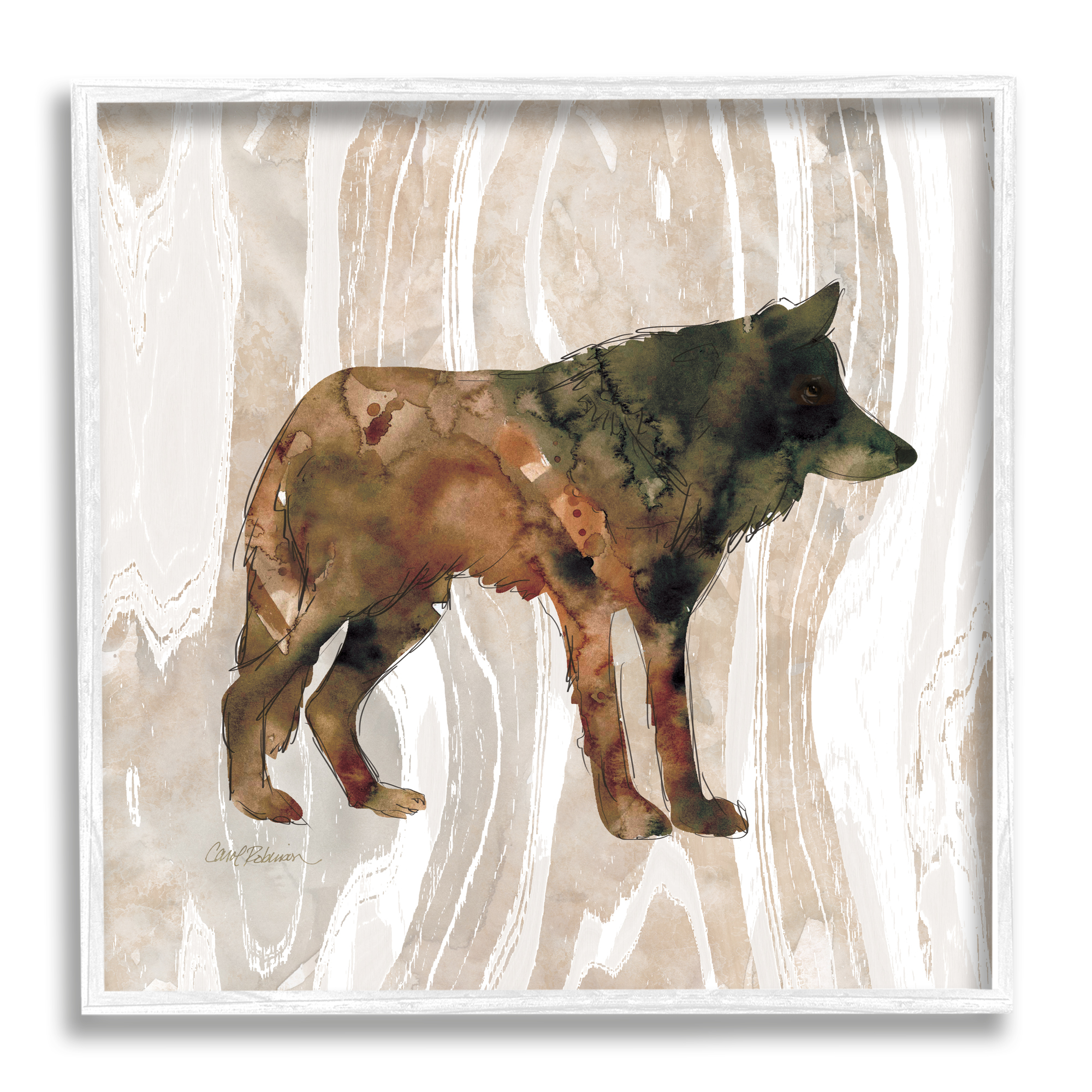 Stupell Industries Woodland Wolf Watercolor Silhouette Rustic Grain Pattern, 24 x 24, Design by Carol Robinson