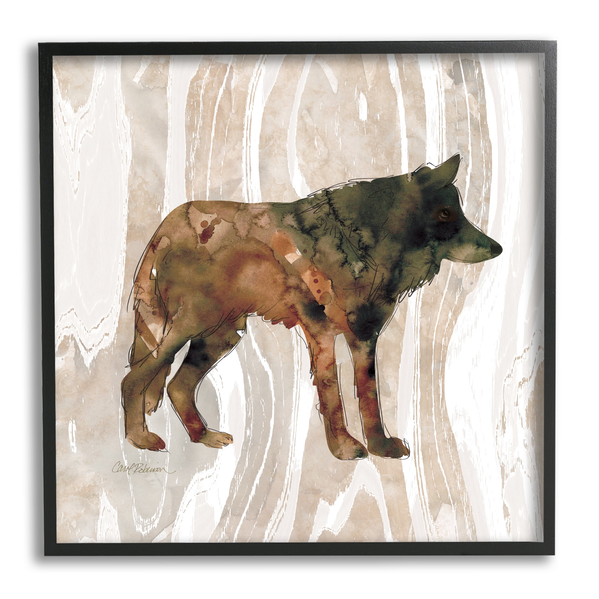 Stupell Industries Woodland Wolf Watercolor Silhouette Rustic Grain Pattern Animals & Insects Painting Black Framed Art Print Wall Art, 24 x 24