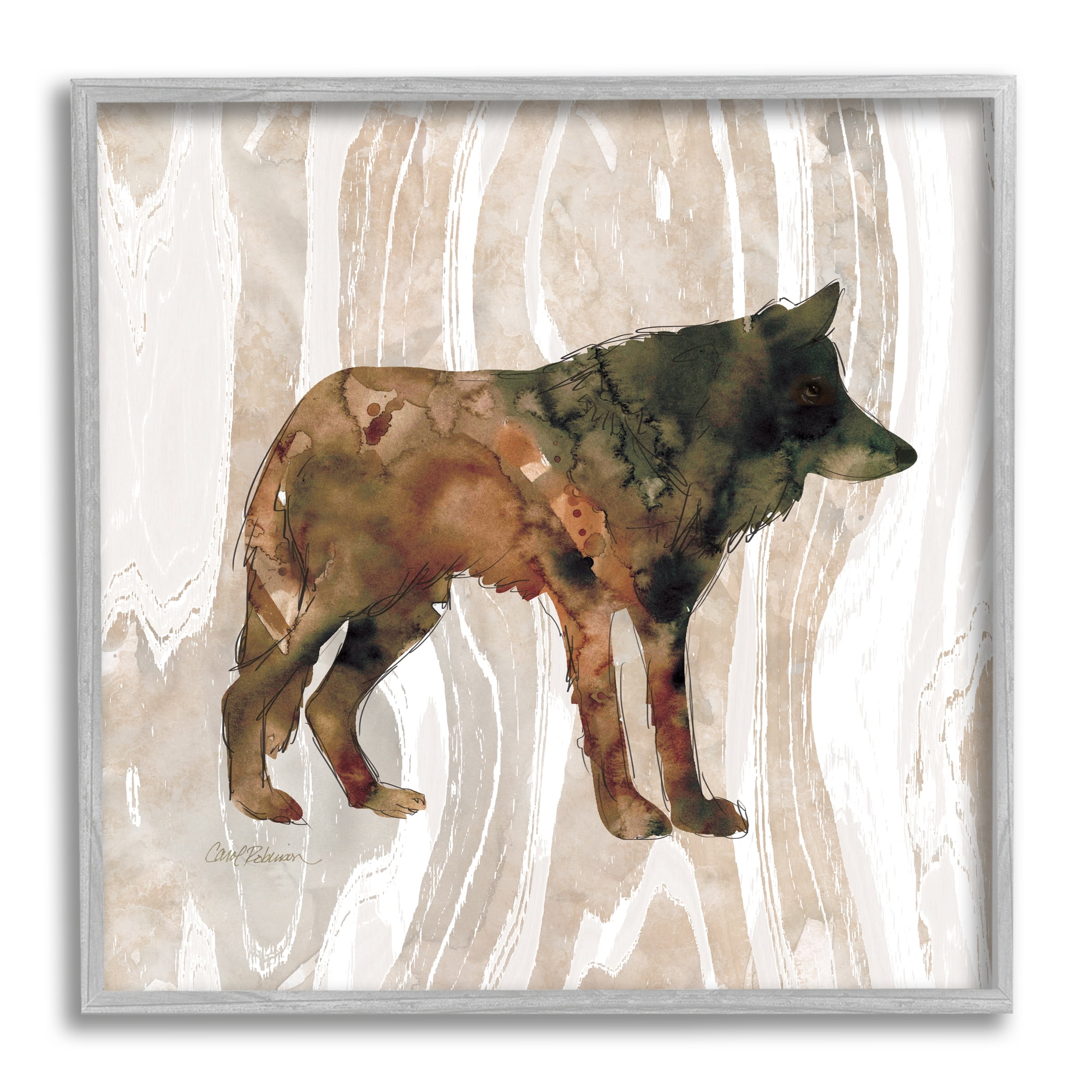 Stupell Industries Woodland Wolf Watercolor Silhouette Rustic Grain Pattern Animals & Insects Painting Gray Framed Art Print Wall Art, 12 x 12