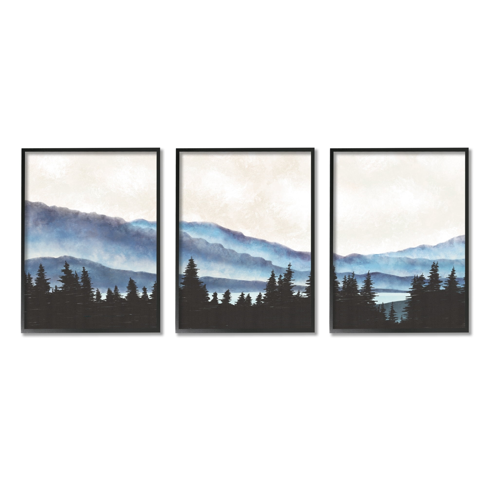 Woodlands Pine Trees Natural Mountain Lake Scenery Landscape Painting Framed Art Print Wall Art, Set Of 3