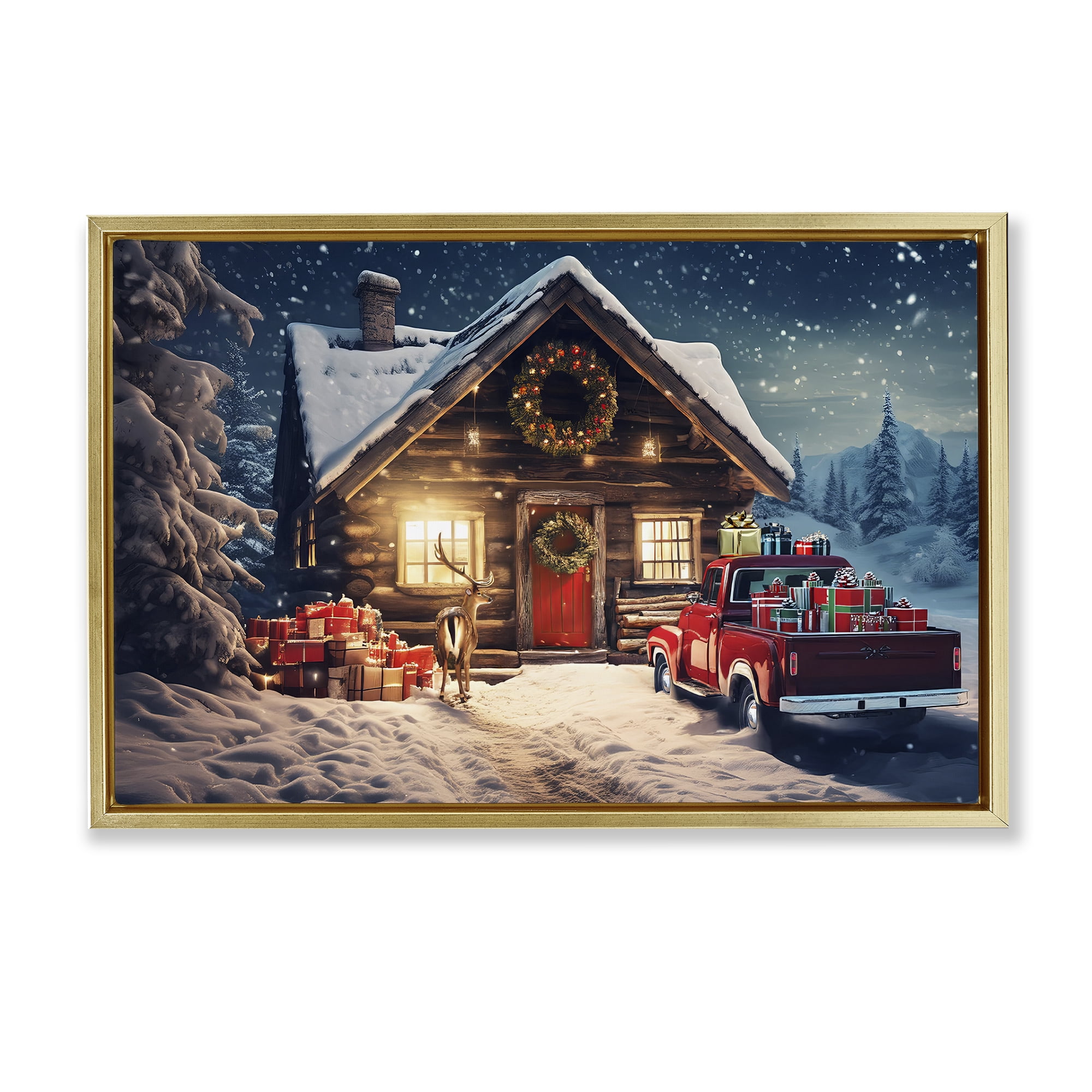 Stupell Industries Woodsy Holiday Cabin Holiday Painting Gold Floater Framed Canvas Art Prints Wall Art, 25 x 17