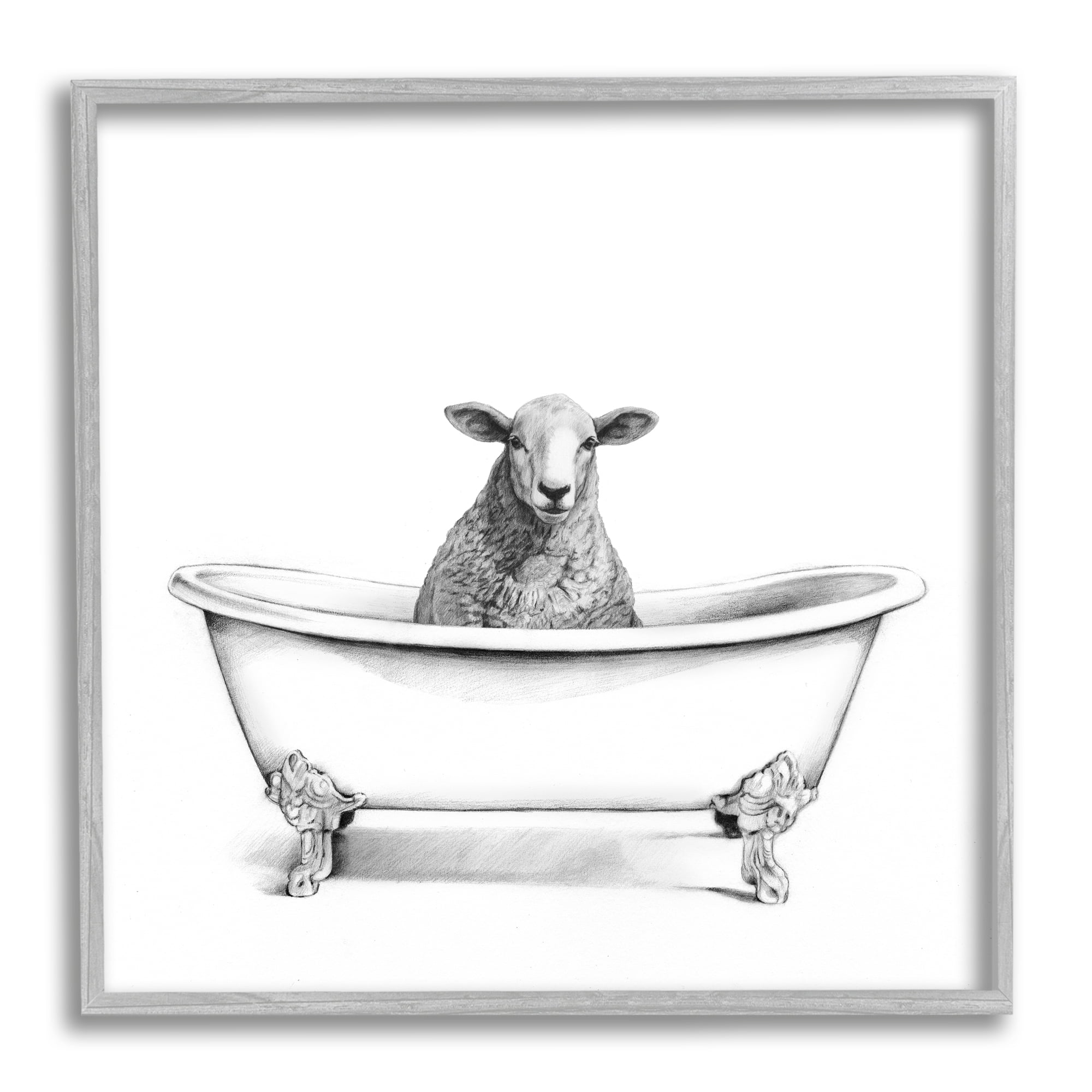 Stupell Industries Wooly Sheep in Bath Tub Farm Animal Bathroom Animals & Insects Drawing Gray Framed Art Print Wall Art, 12 x 12