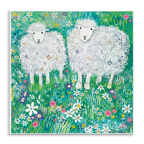 Wooly Sheep with Scattered Flowers Wall Plaque Art, 12 x 12, Made In USA