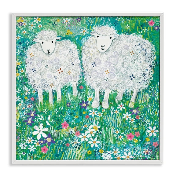 Wooly Sheep with Scattered Flowers White Framed Giclee Art, 12 x 12, Made In USA