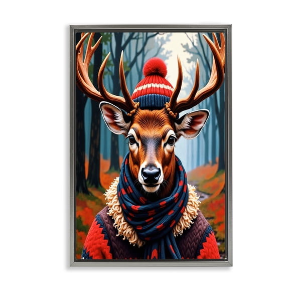 Stupell Industries Wooly Stag Winter Scarf Gray Framed Floater Canvas Wall Art, design by Karen Smith
