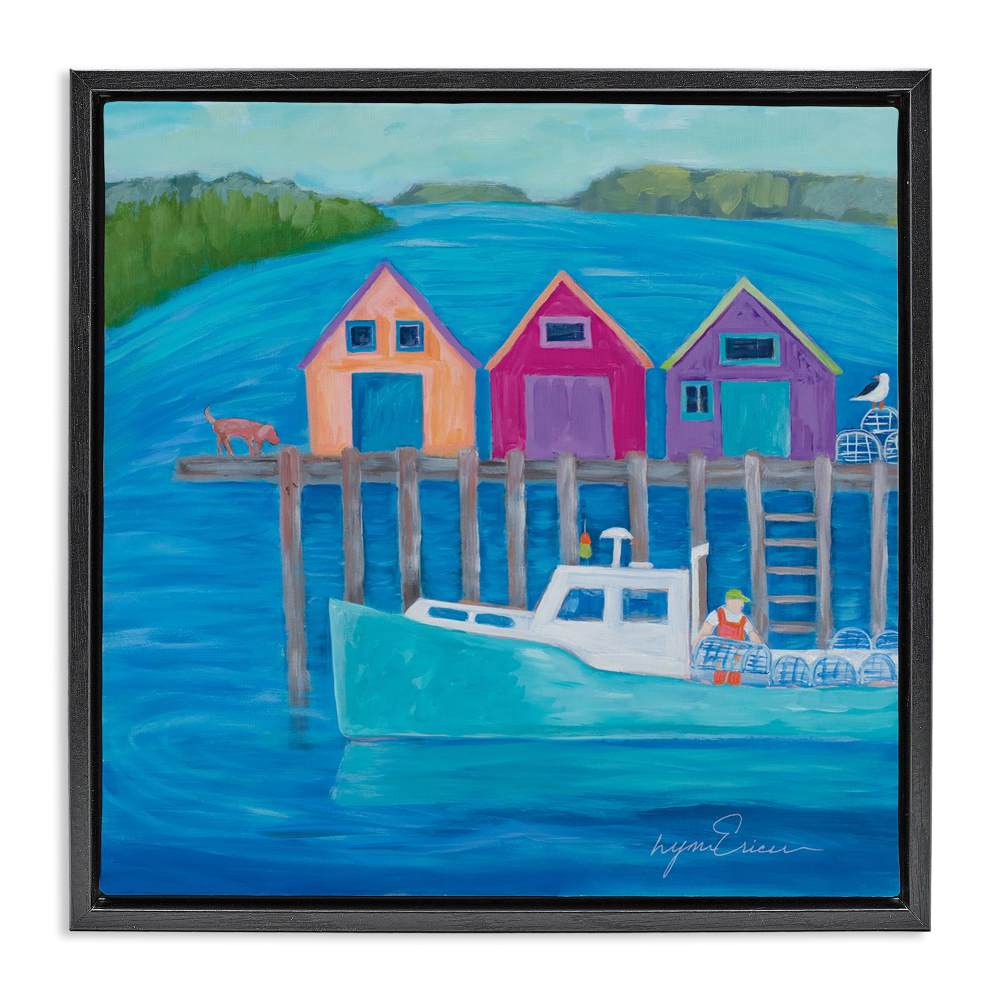 Stupell Industries Work Day at Seaside Village Black Framed Floater Canvas Wall Art, design by Lynn Ericson Fine Art