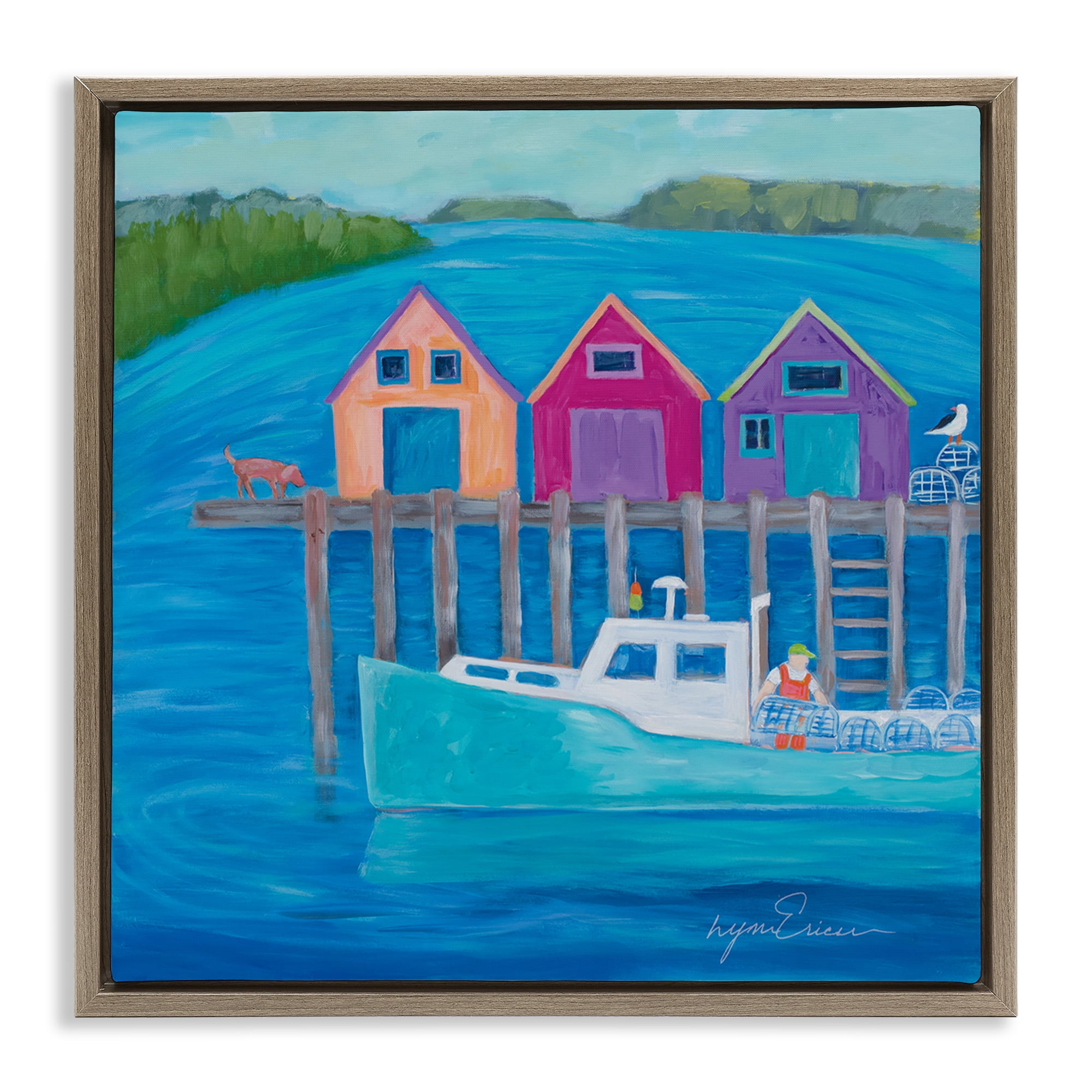 Stupell Industries Work Day at Seaside Village Brown Framed Floater Canvas Wall Art, design by Lynn Ericson Fine Art