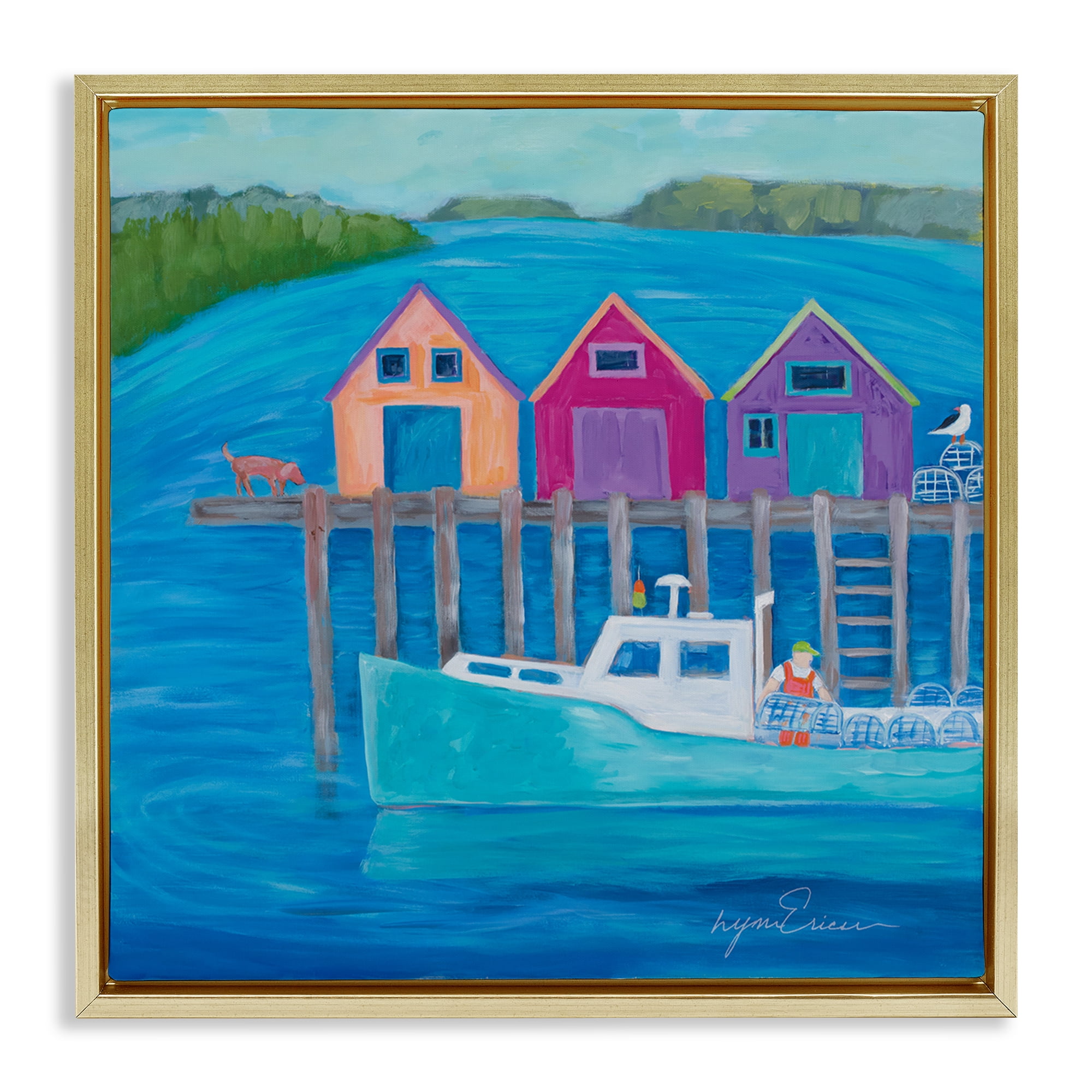 Stupell Industries Work Day at Seaside Village Gold Framed Floater Canvas Wall Art, design by Lynn Ericson Fine Art