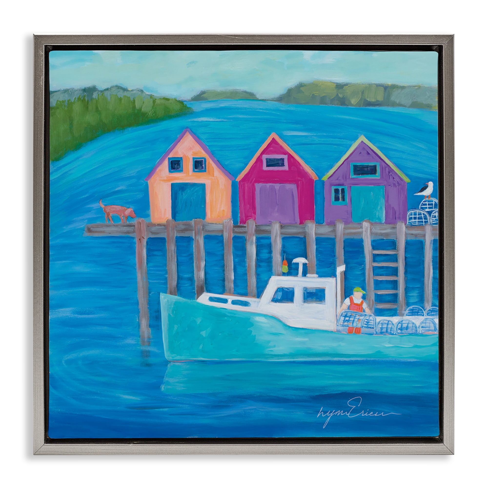 Stupell Industries Work Day at Seaside Village Gray Framed Floater Canvas Wall Art, design by Lynn Ericson Fine Art