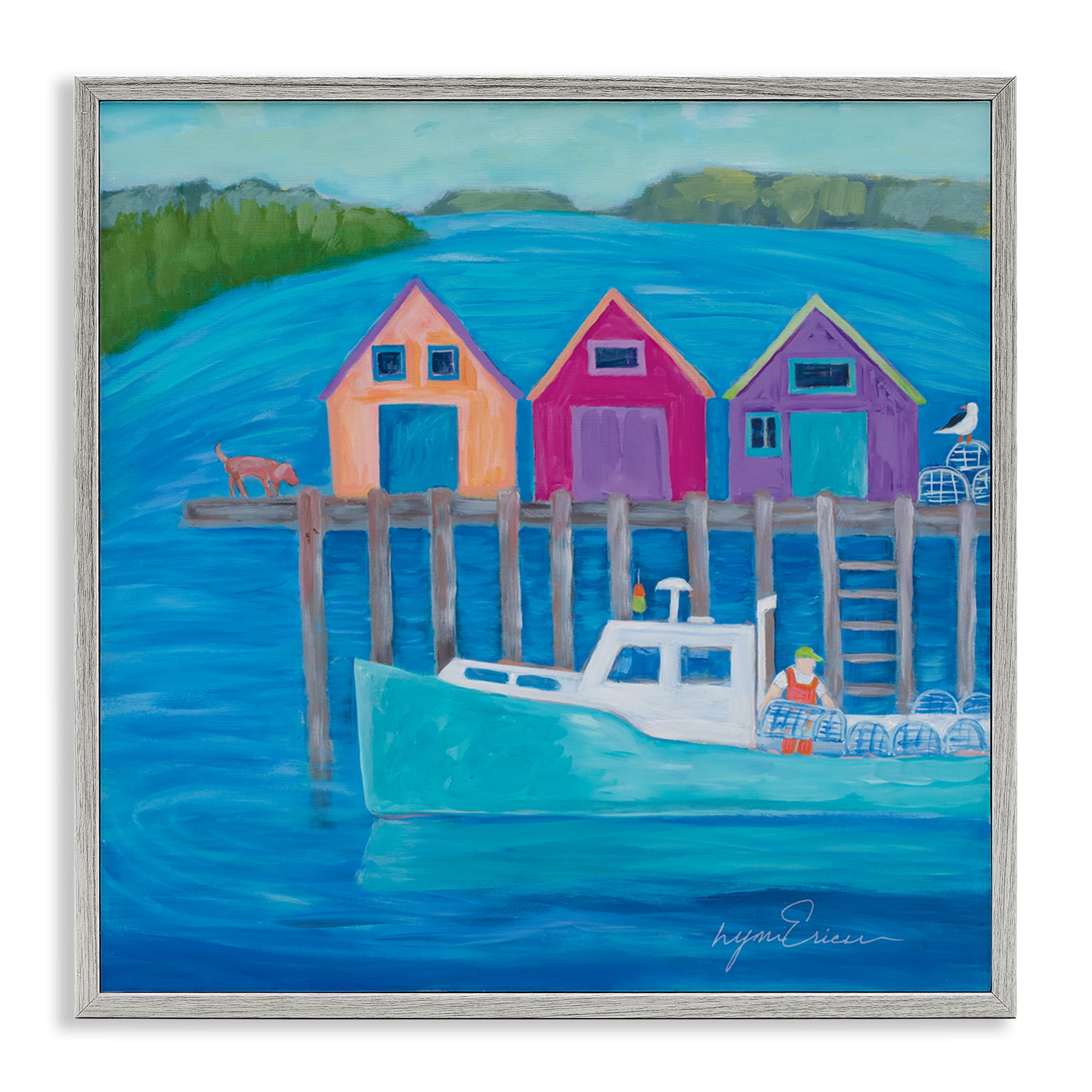 Stupell Industries Work Day at Seaside Village Gray Framed Giclee Art, design by Lynn Ericson Fine Art