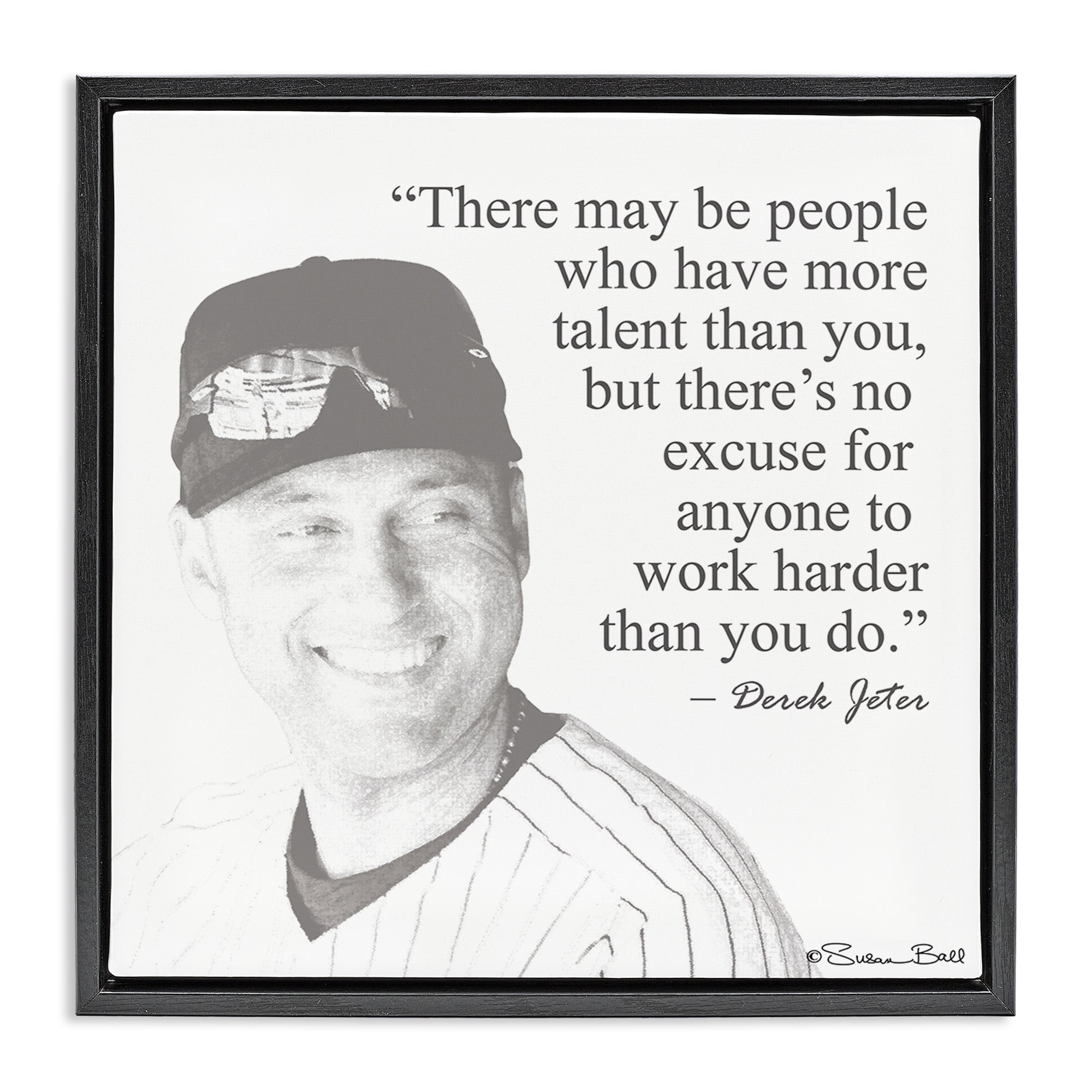 Stupell Industries Work Hard Derek Jeter Quote Inspirational Painting Black Floater Framed Canvas Art Print Wall Art, 18 x 18
