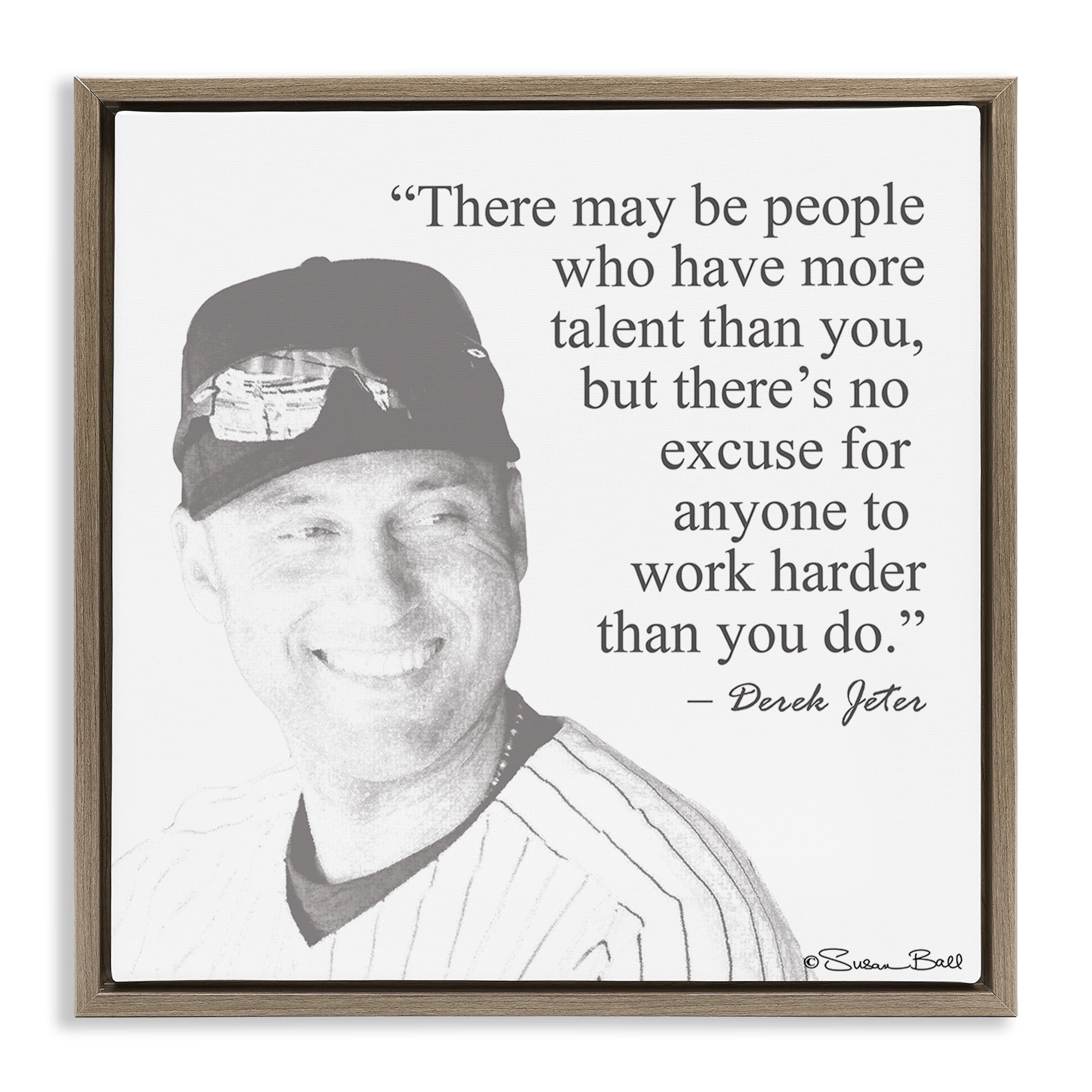 Stupell Industries Work Hard Derek Jeter Quote Inspirational Painting Brown Floater Framed Canvas Art Print Wall Art, 25 x 25