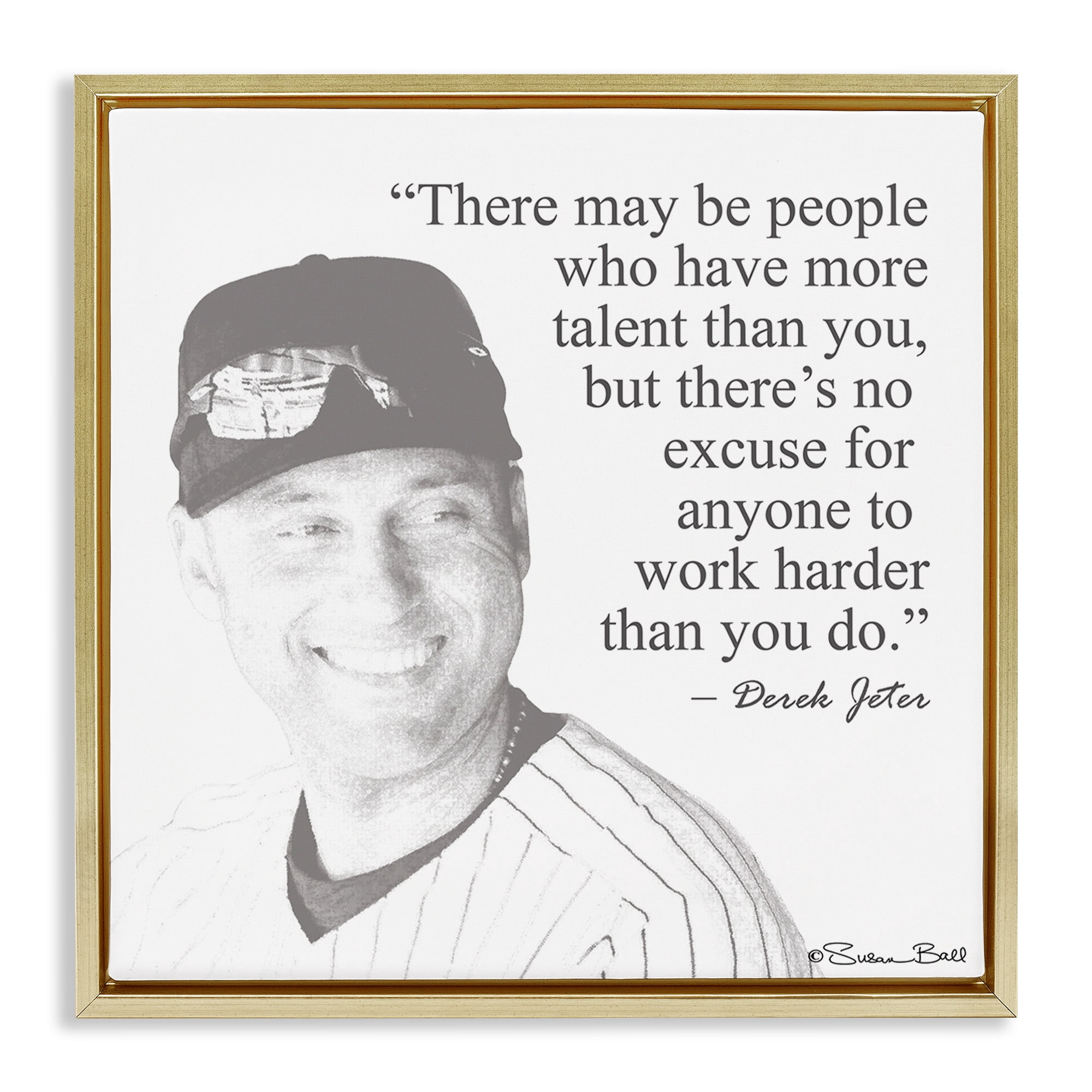 Stupell Industries Work Hard Derek Jeter Quote Inspirational Painting Gold Floater Framed Canvas Art Print Wall Art, 18 x 18