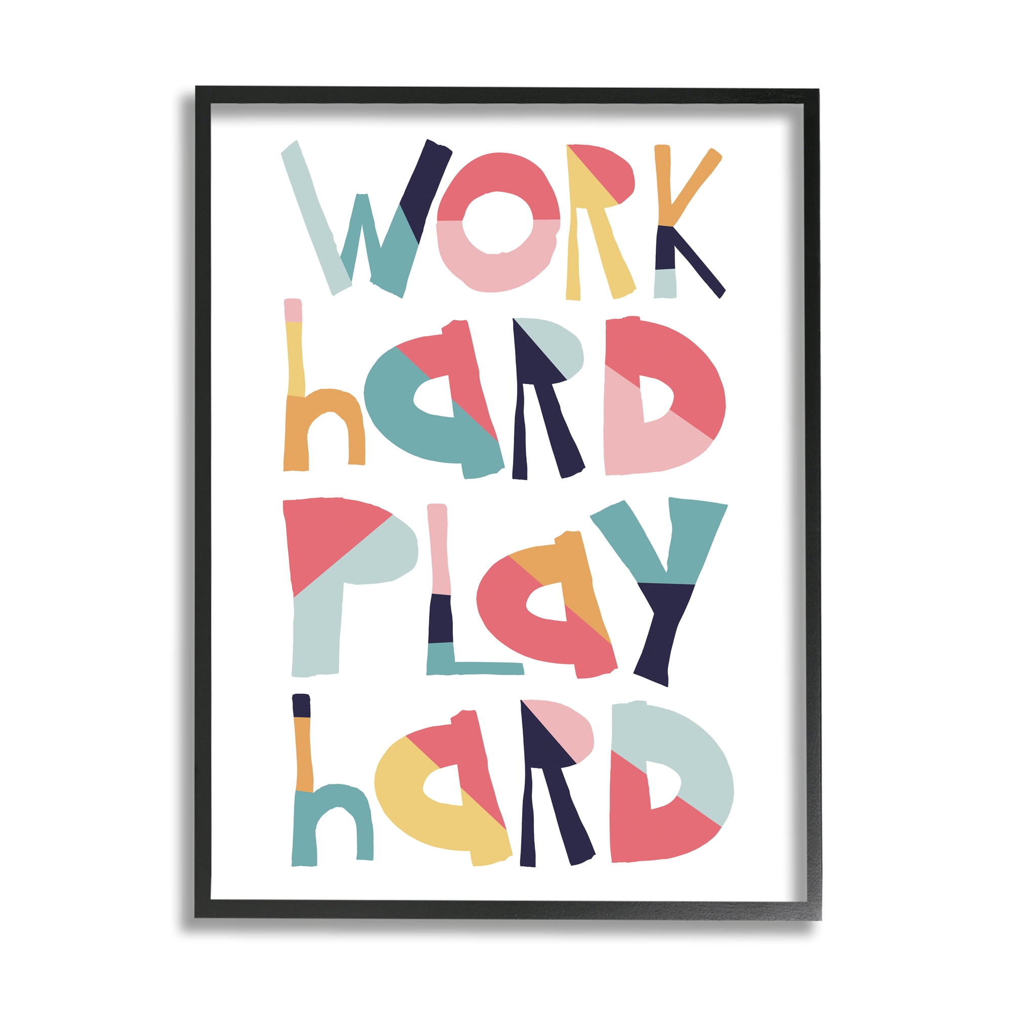 Stupell Industries Work Hard Play Hard Phrase Geometric Pattern Typography Inspirational Painting Black Framed Art Print Wall Art, 16 x 20