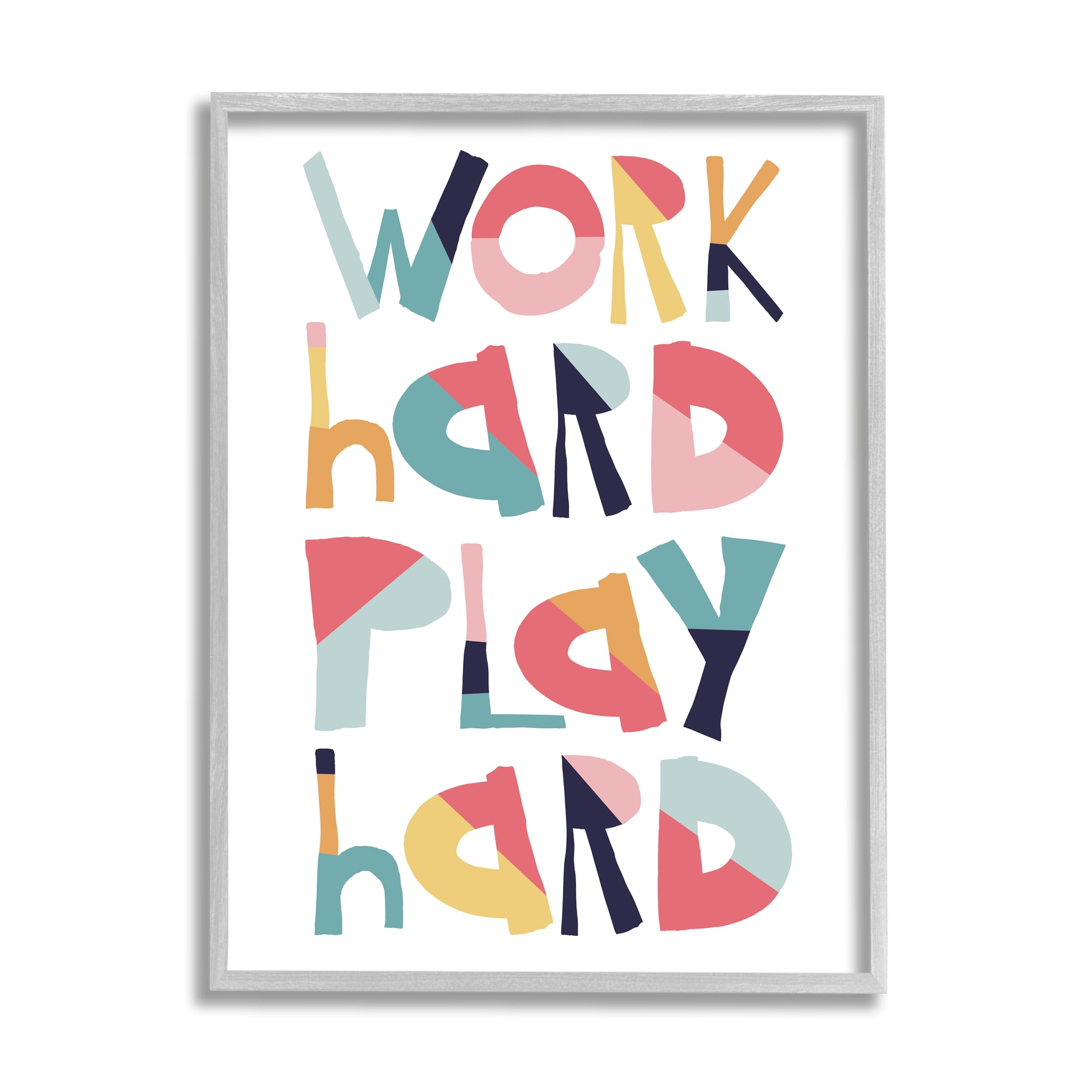 Stupell Industries Work Hard Play Hard Phrase Geometric Pattern Typography Inspirational Painting Gray Framed Art Print Wall Art, 24 x 30