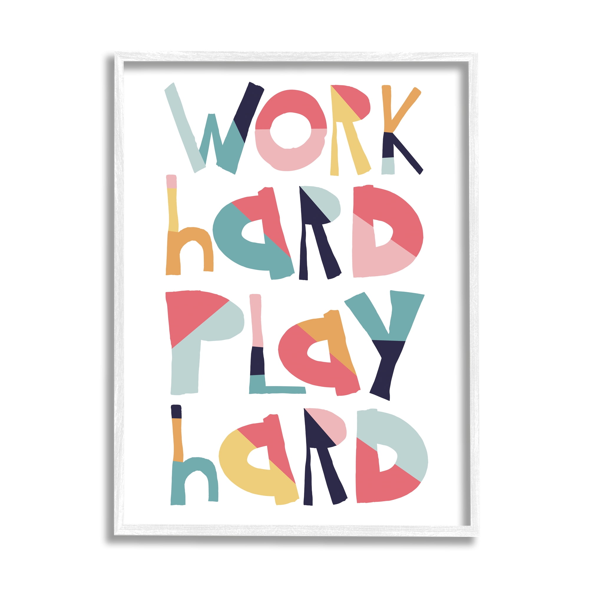 Stupell Industries Work Hard Play Hard Phrase Geometric Pattern Typography Inspirational Painting White Framed Art Print Wall Art, 11 x 14