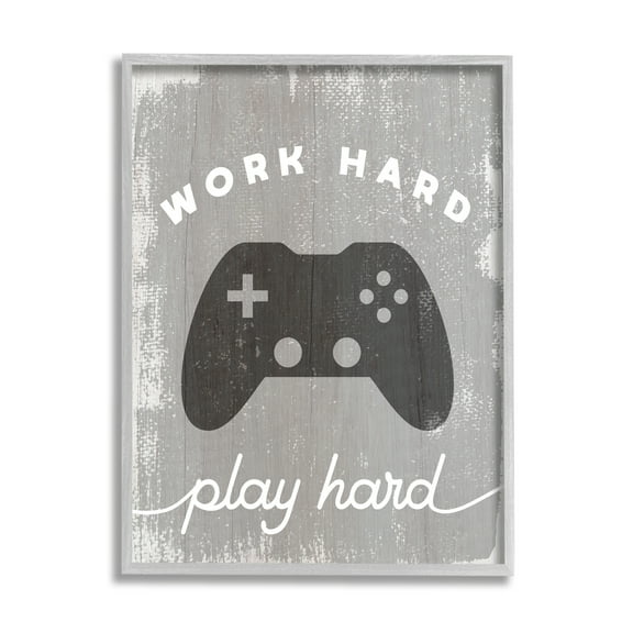 Stupell Industries Work Hard Play Hard Vintage Distressed Game Controller Beauty & Fashion Painting Gray Framed Art Print Wall Art, 11 x 14