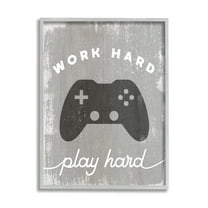 Stupell Industries Work Hard Play Hard Vintage Distressed Game Controller Beauty & Fashion Painting Gray Framed Art Print Wall Art, 11 x 14