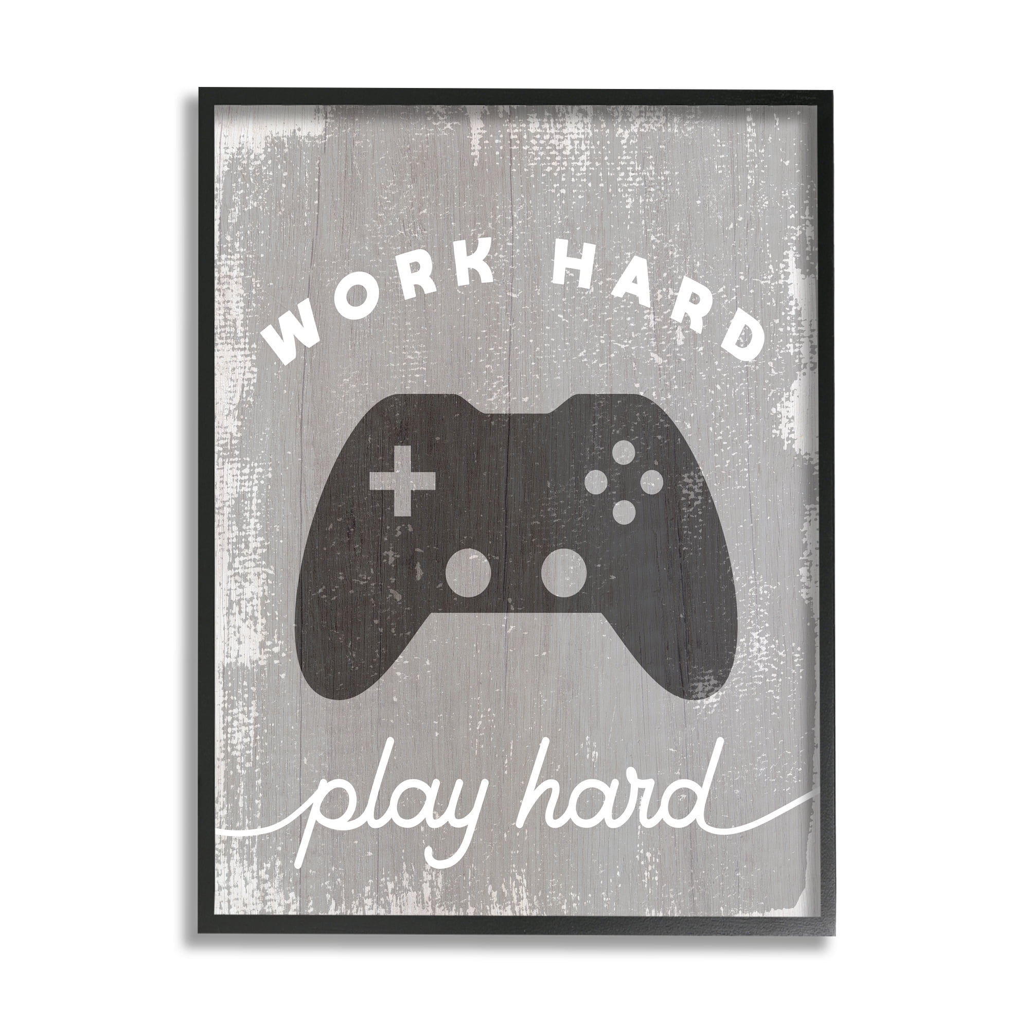 Stupell Industries Work Hard Play Hard Vintage Distressed Game Controller Rustic Painting Black Framed Art Print Wall Art, 16 x 20, Design by Daphne Polselli