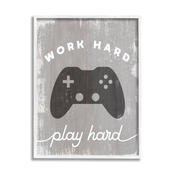 Stupell Industries Work Hard Play Hard Vintage Distressed Game Controller Kids Painting White Framed Art Print Wall Art, 11 x 14, Design by Daphne Polselli