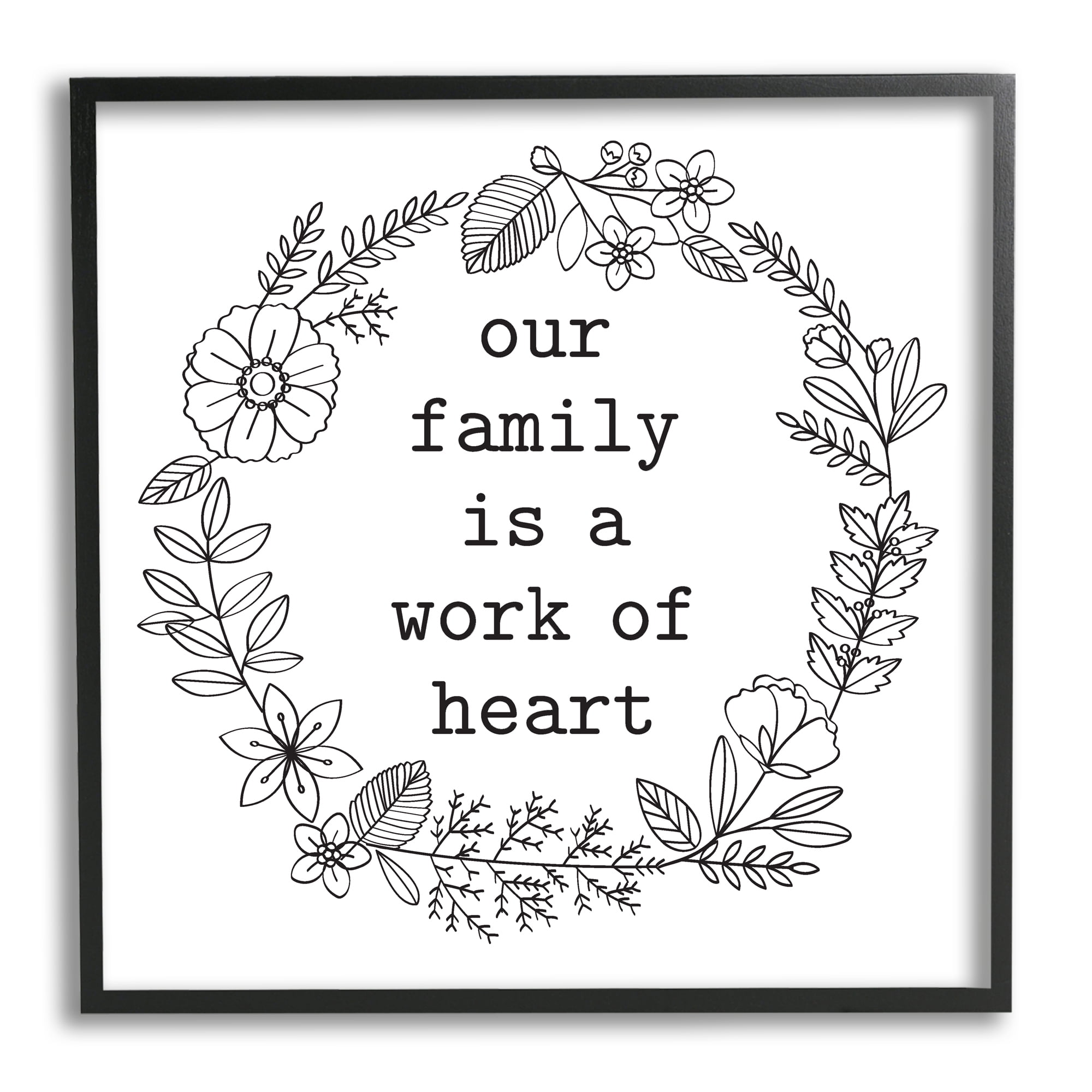 Stupell Industries Work Of Heart Floral Outline Wreath Family Quote Graphic Art Black Framed Art Print Wall Art, Design by Lettered and Lined