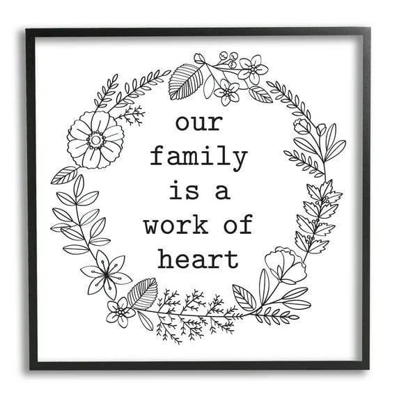 Stupell Industries Work Of Heart Floral Outline Wreath Family Quote Graphic Art Black Framed Art Print Wall Art, Design by Lettered and Lined
