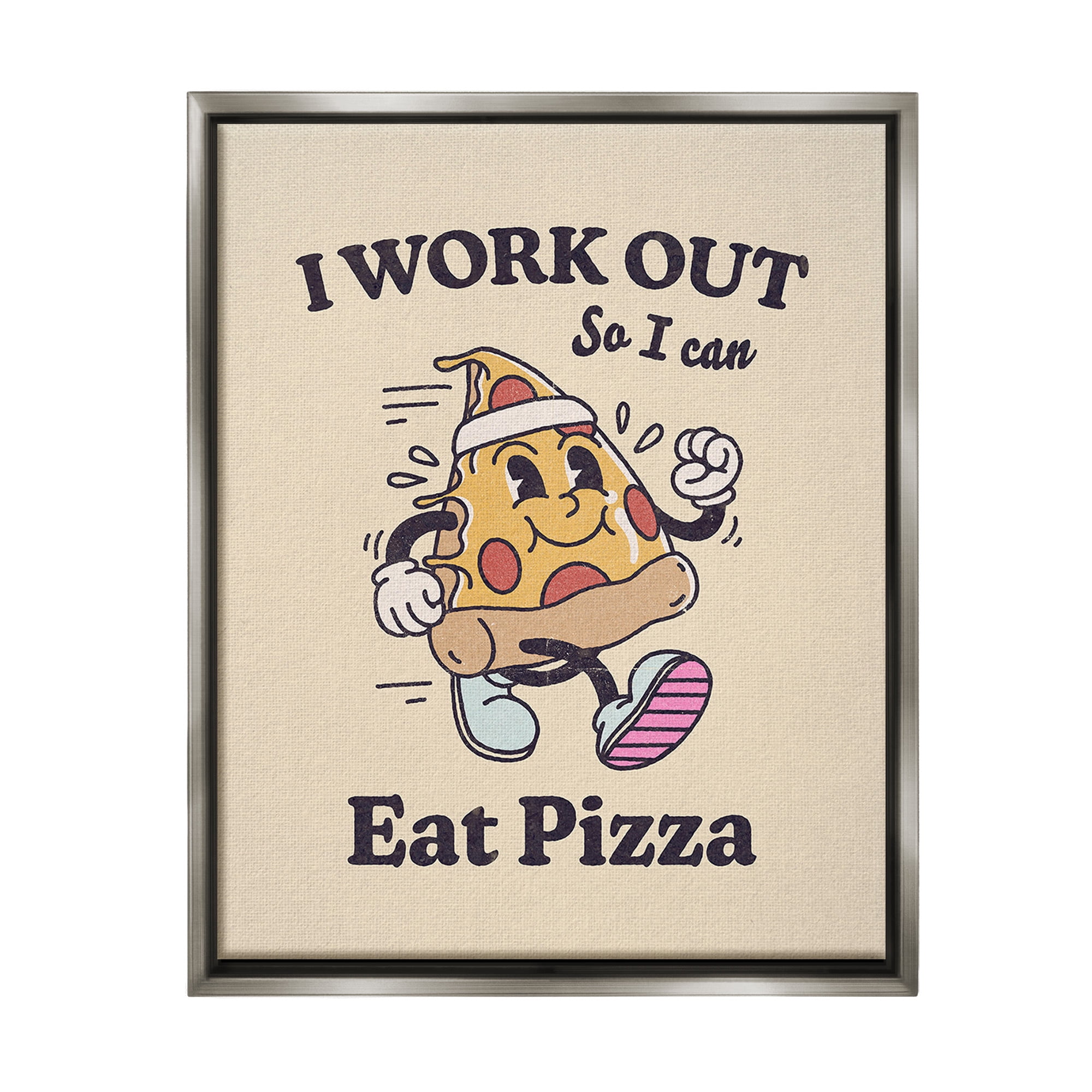 Stupell Industries Work Out To Eat Pizza Food & Beverage Painting Gray Floater Framed Canvas Art Print Wall Art, 17 x 21